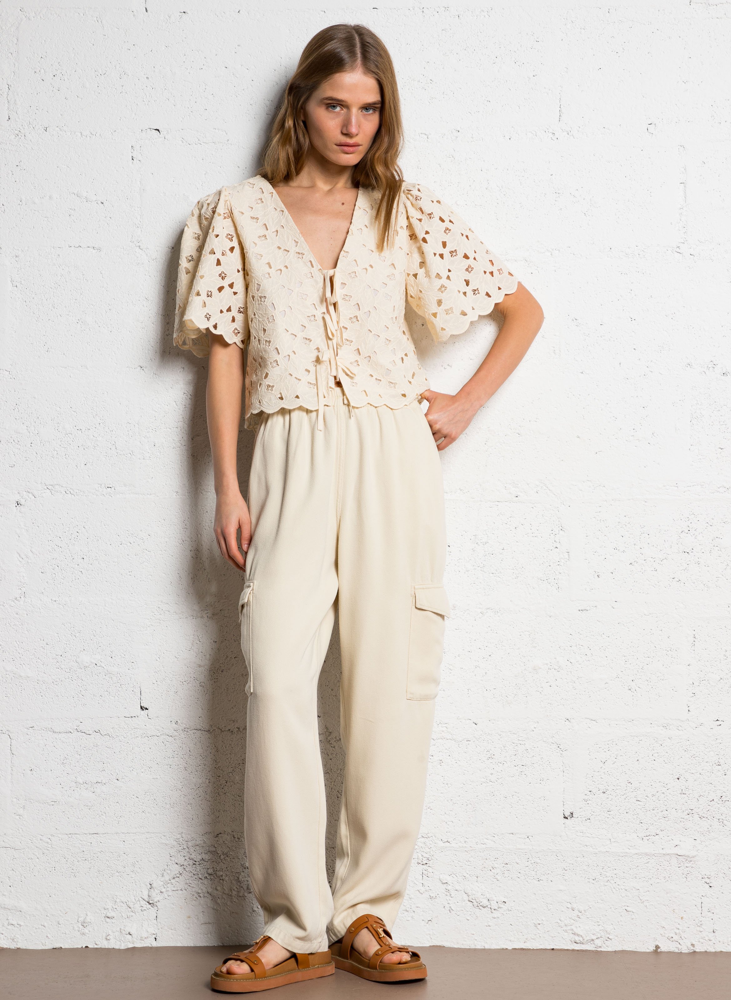 Wijde, katoenen cargobroek THE NEW SOCIETY Beige