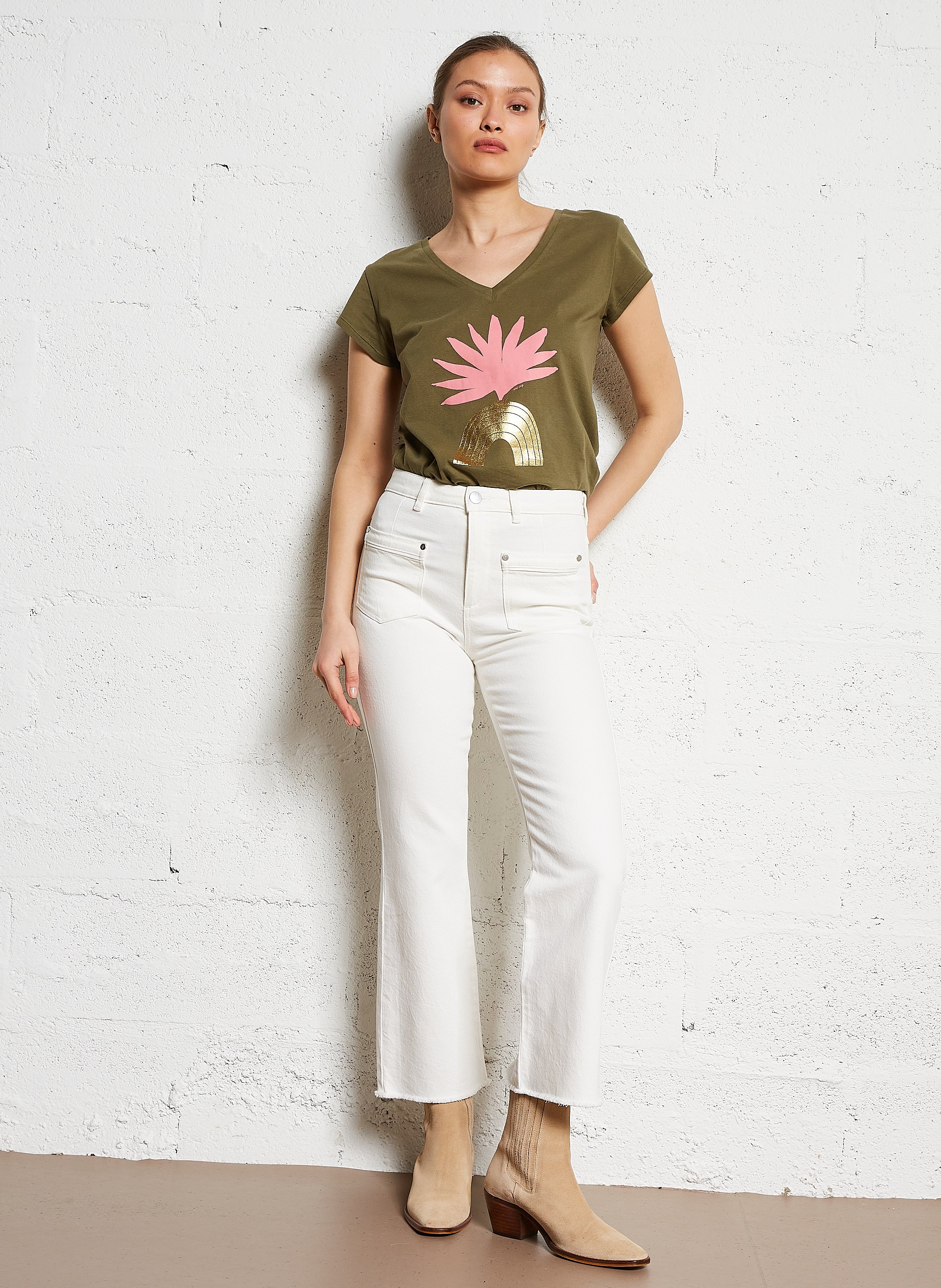 Jean droit court en coton mélangé ONE STEP Blanc