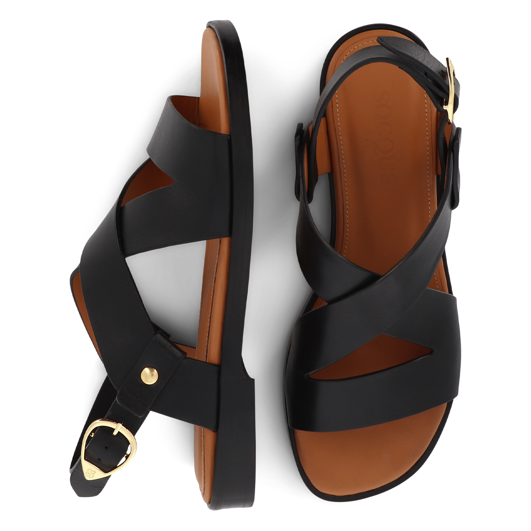 Sandales plates à brides croisées en cuir SOCQUE PARIS Noir