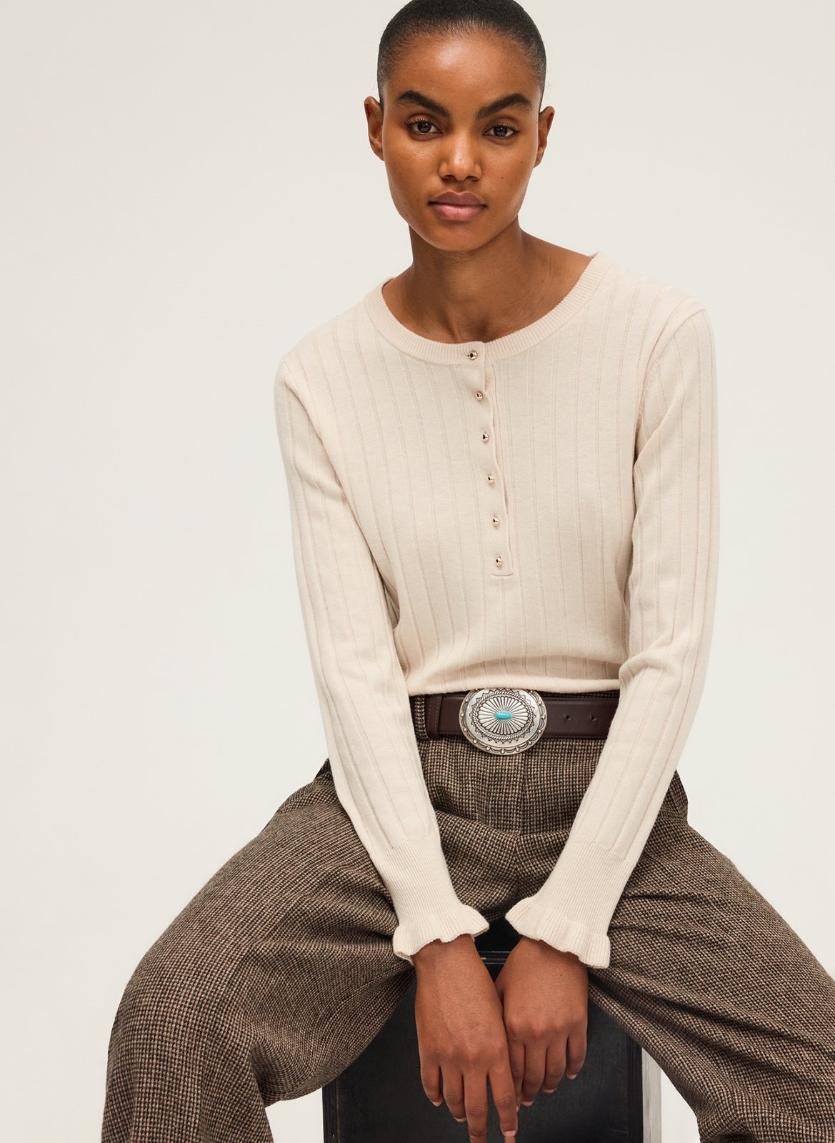 Pull droit col rond en laine mélangée PABLO Beige