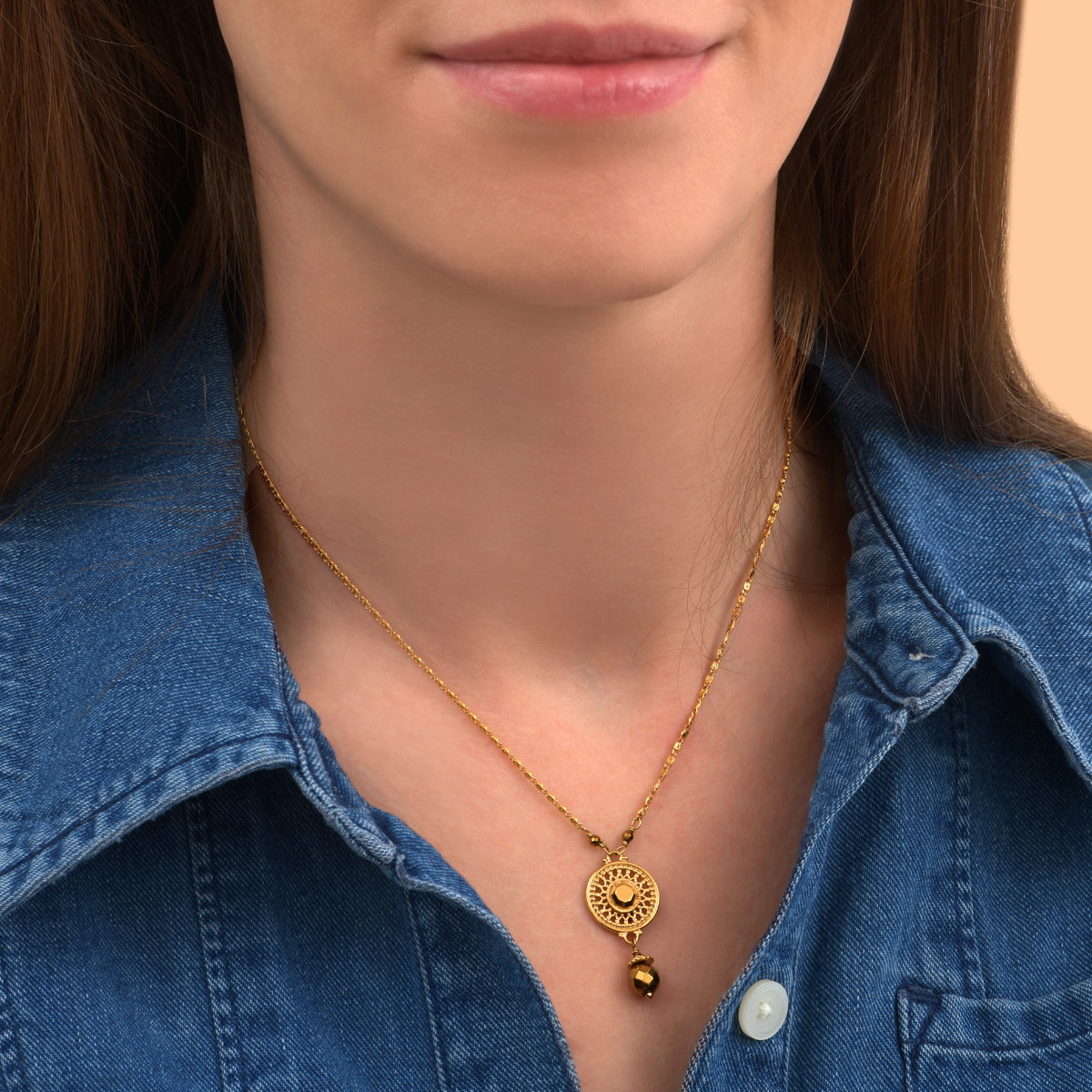 Adjustable gold metal hematite pendant necklace SATELLITE PARIS No Color