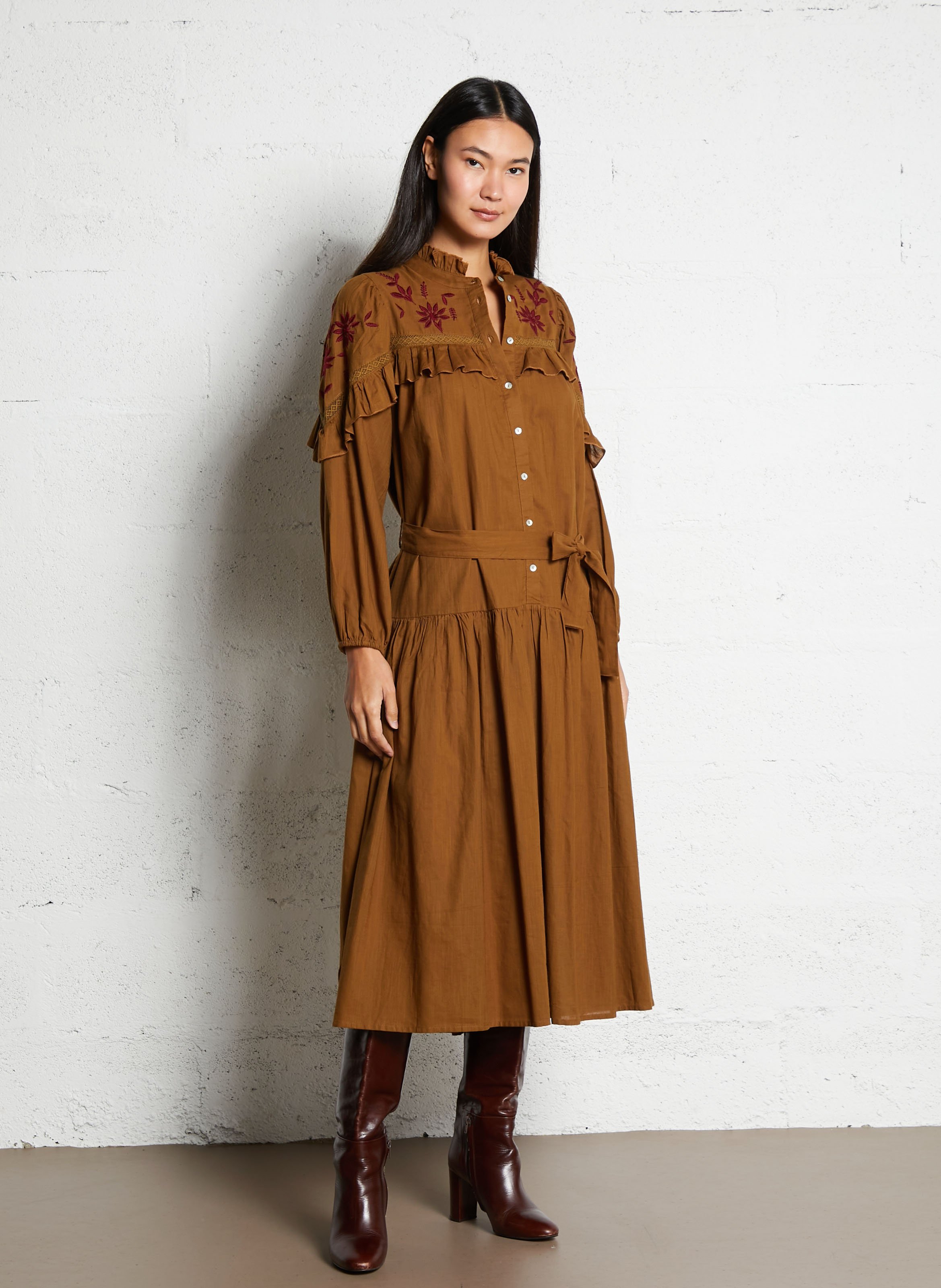 Long round-neck embroidered cotton dress SOPHIE+LUCIE Green