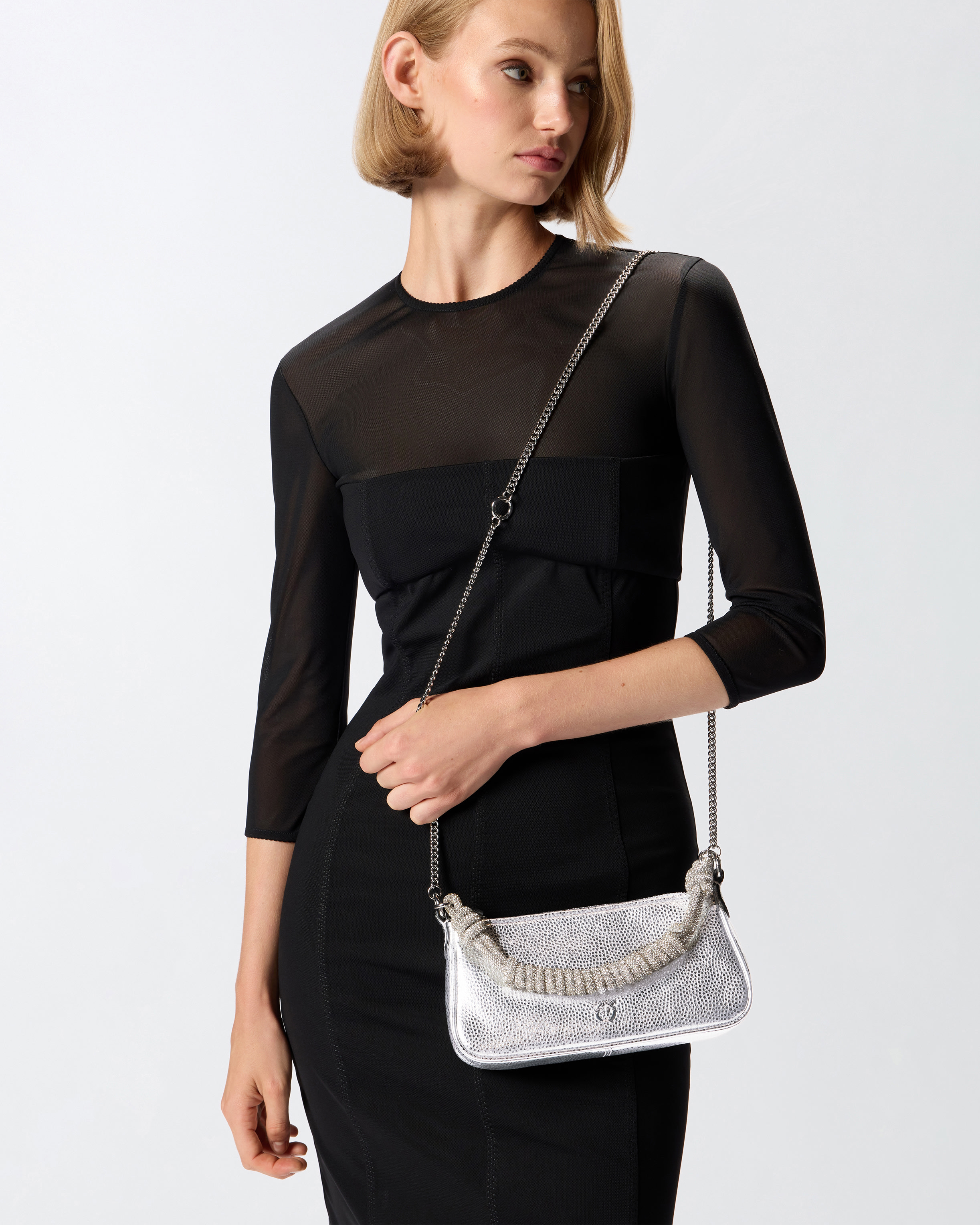 Small handbag mini half moon in lamé leather with rhinestones PINKO Multicolored