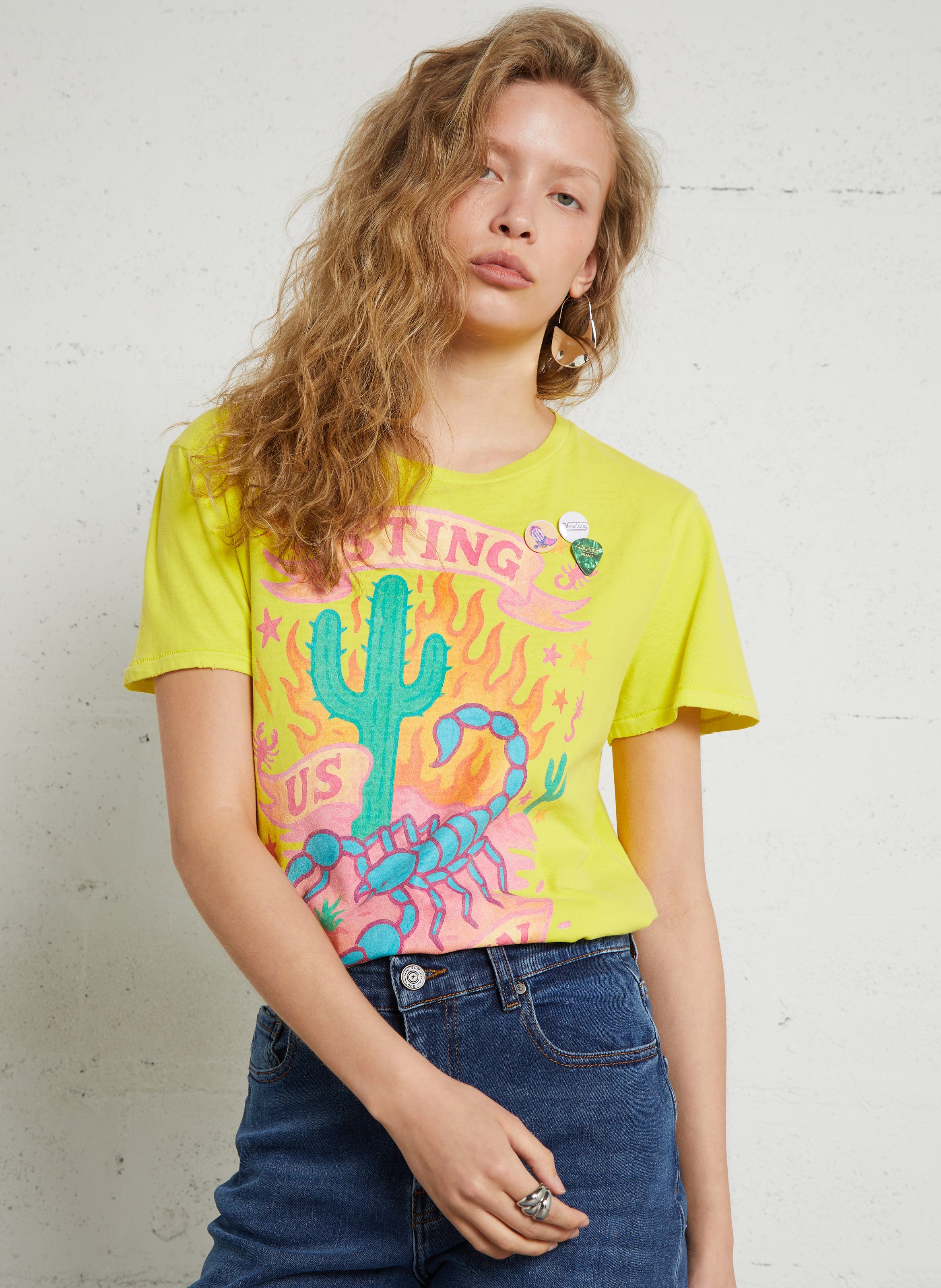 Straight round-neck cotton T-shirt with screen print NEWTONE Yellow