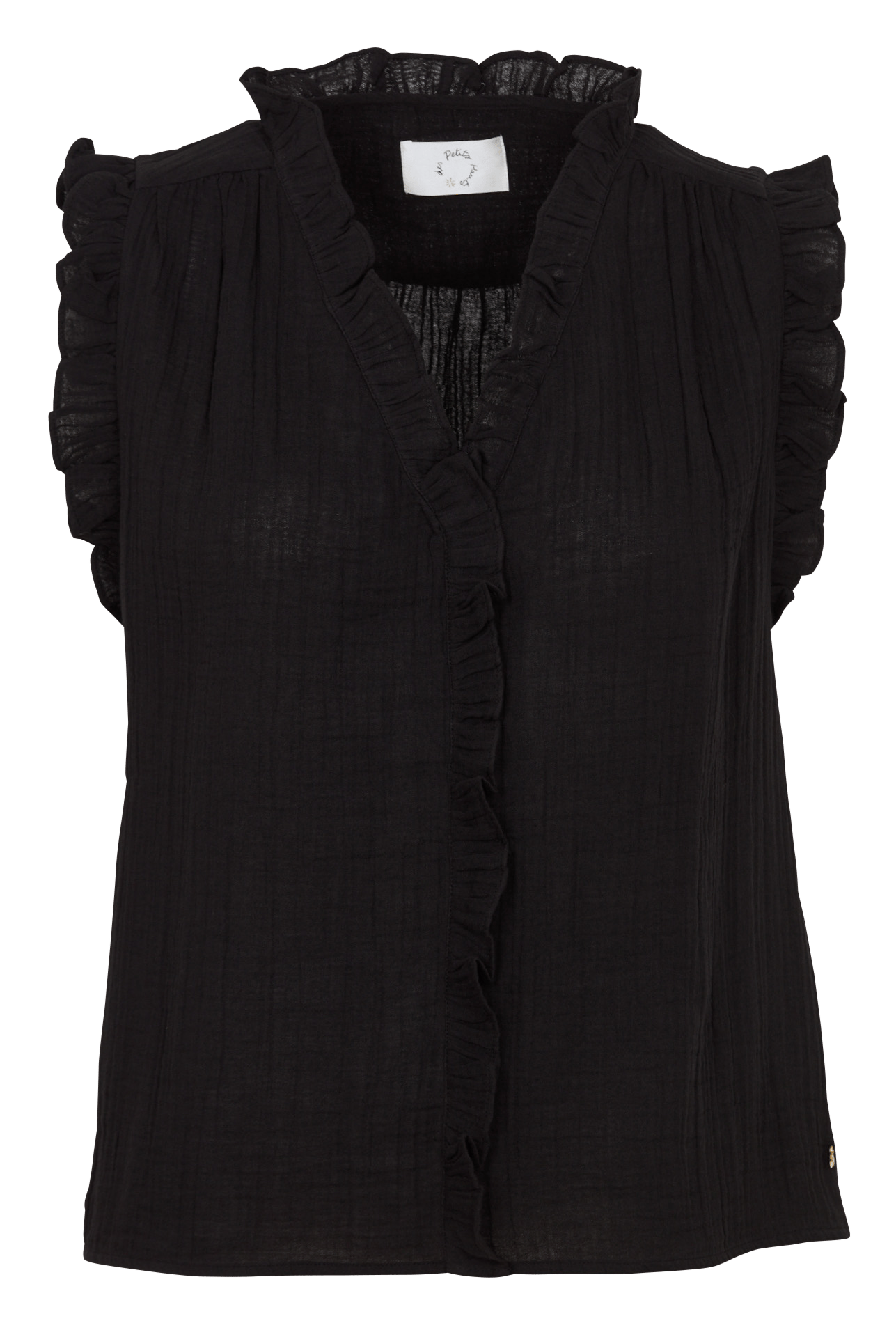 Sleeveless V-neck top with ruffles DES PETITS HAUTS Black