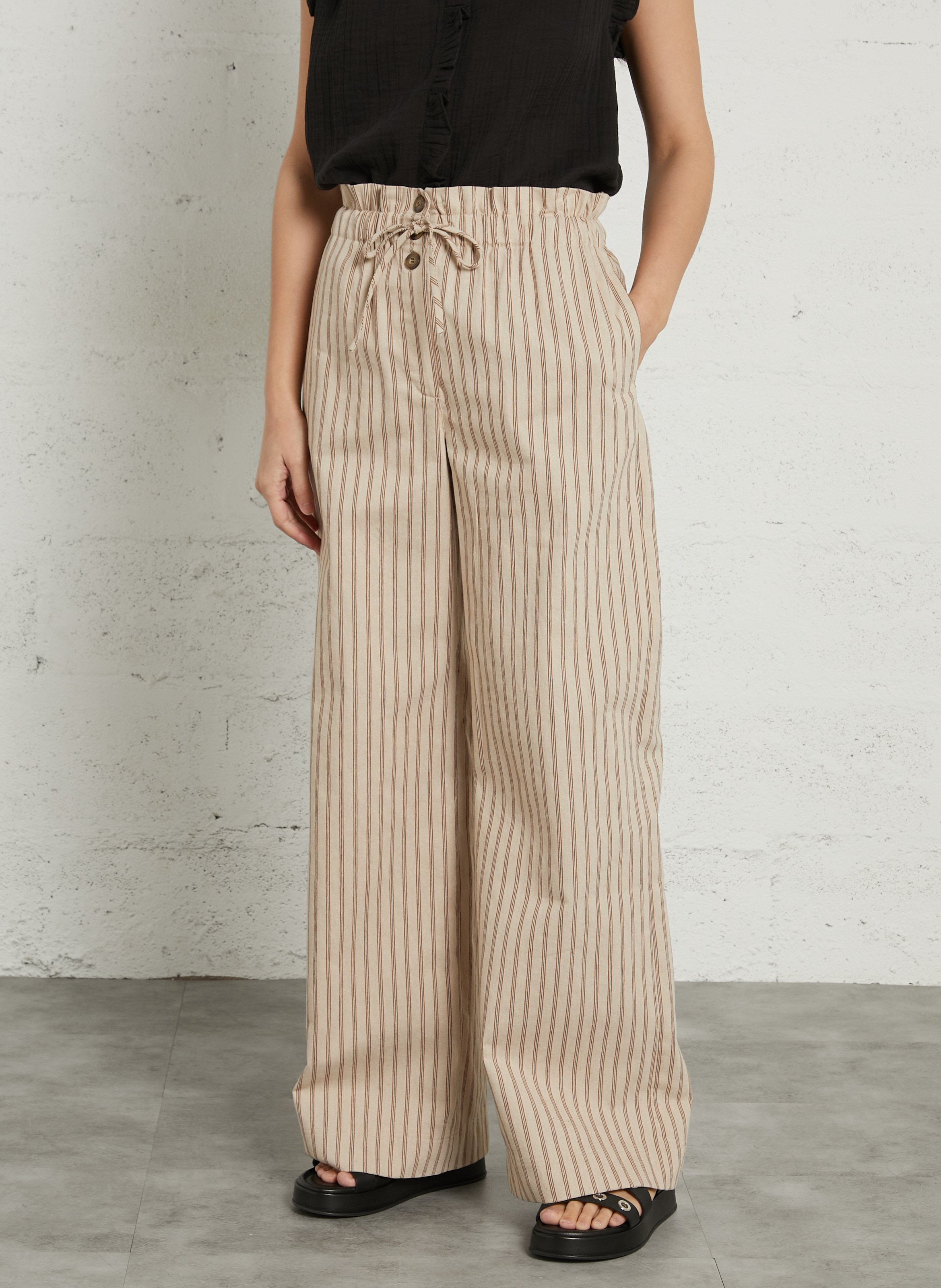 Pantalon large en coton mélangé rayé DES PETITS HAUTS Marron