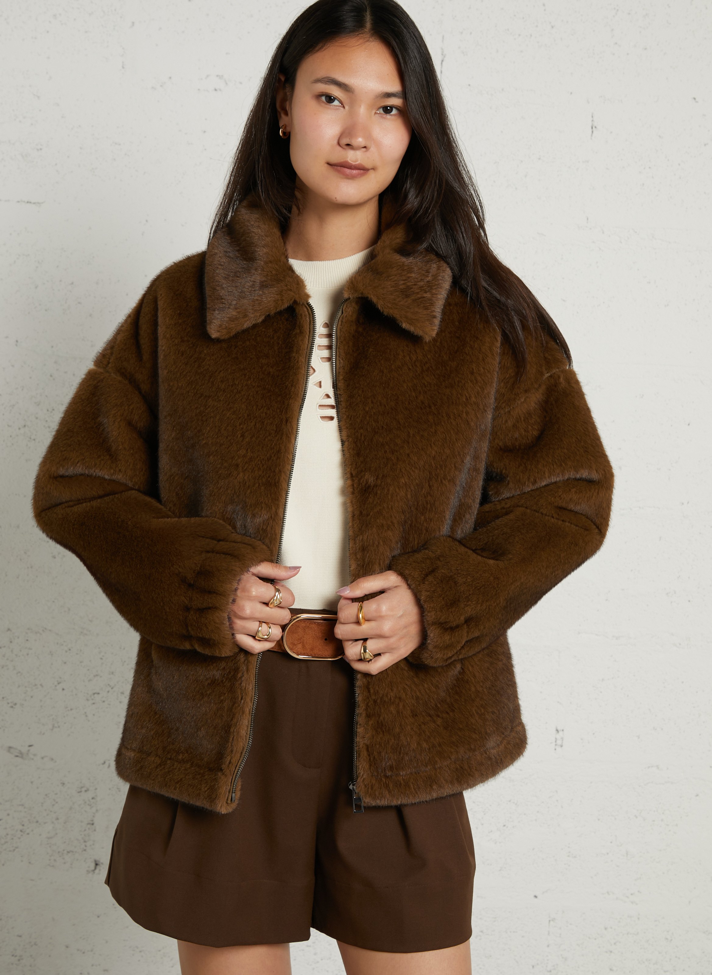 Faux fur coat SUNCOO Khaki