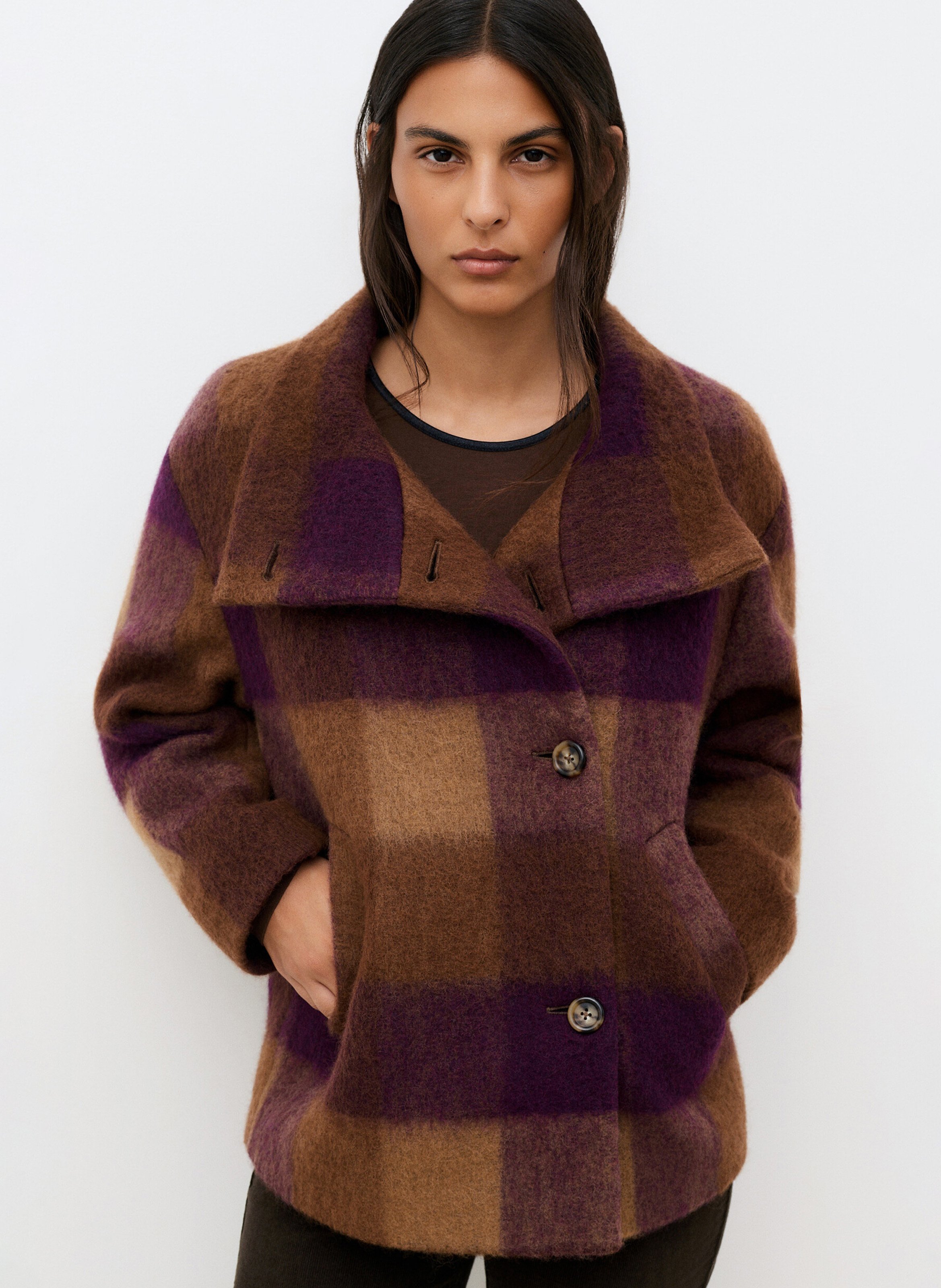 Veste oversize à carreaux en laine mélangée CAROLL Prune