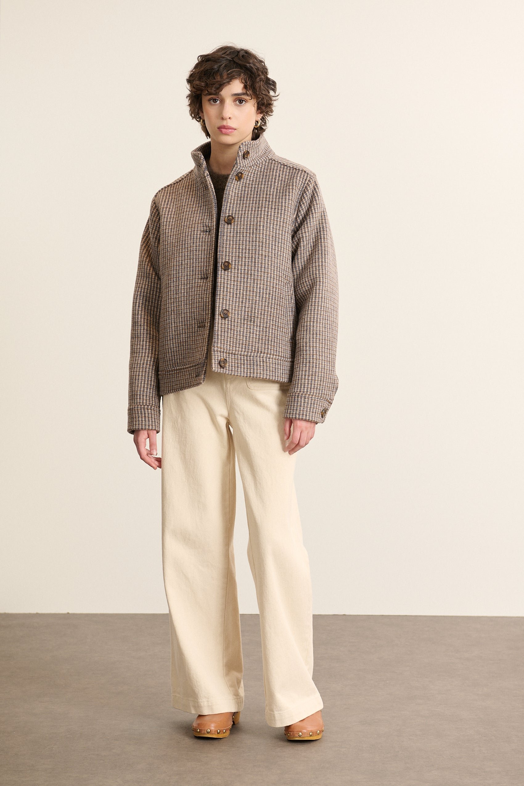 Cropped wool-blend check jacket GARANCE PARIS Blue