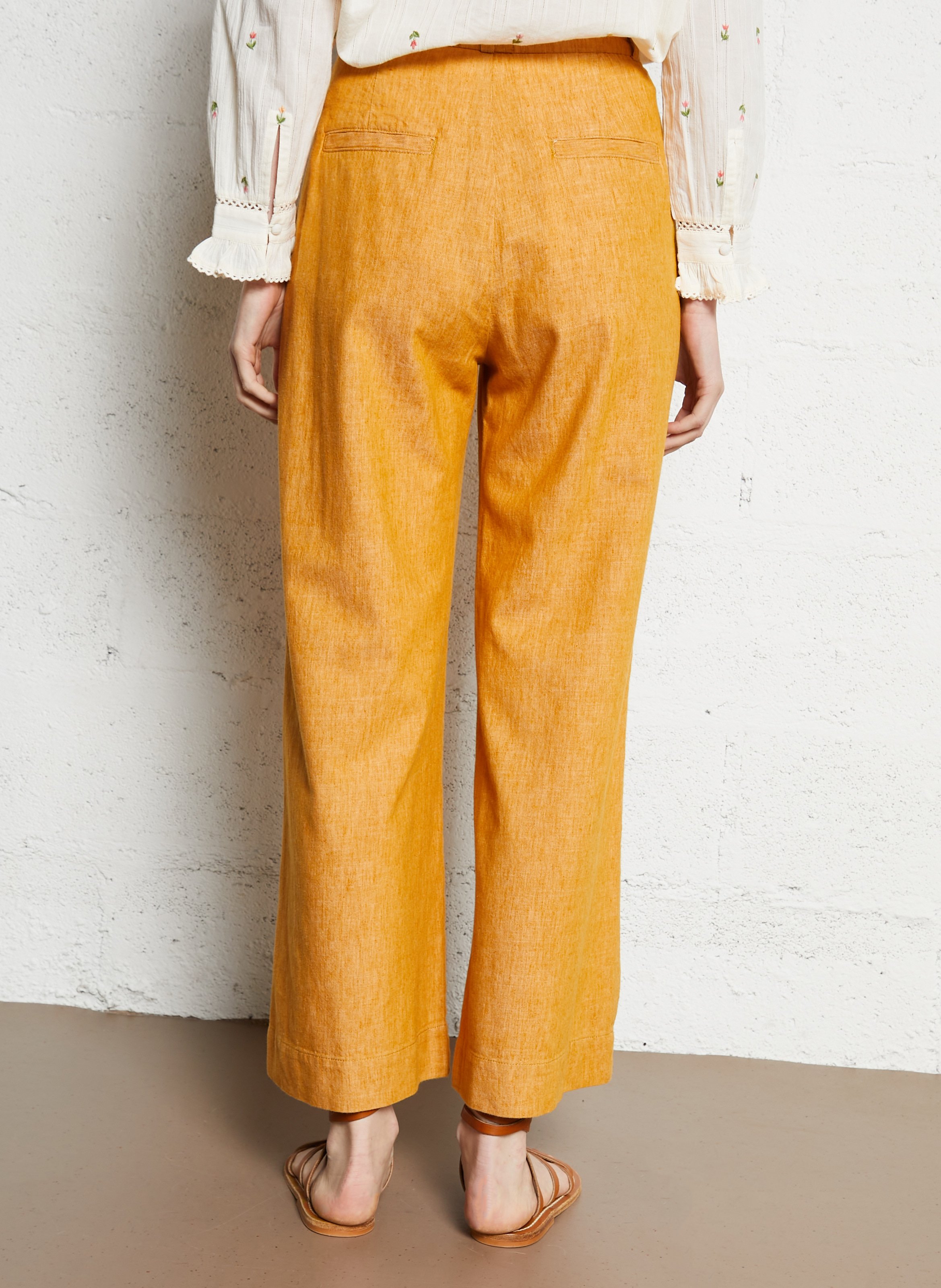 Pantalon large en coton mélangé Jaune