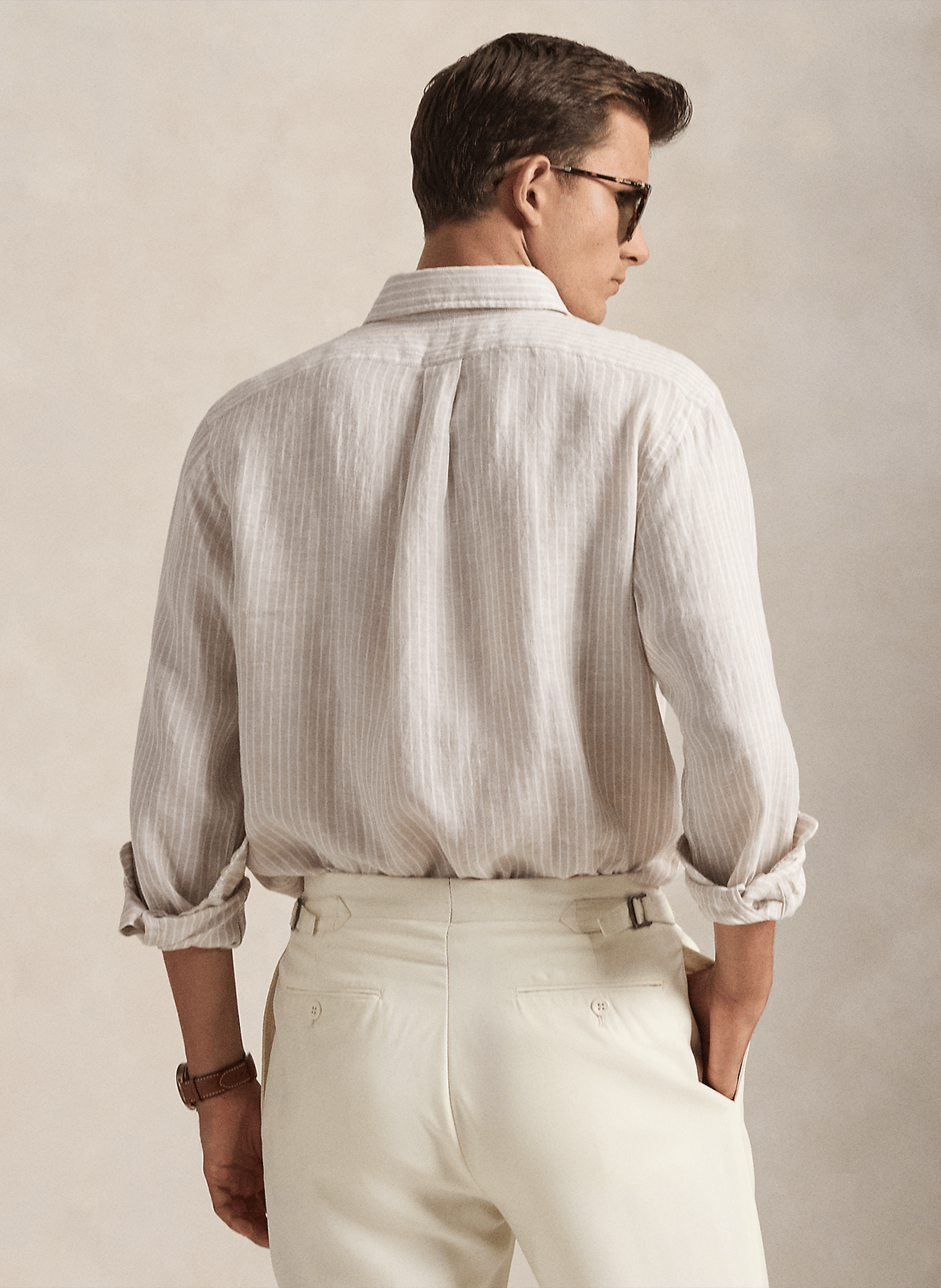 Straight classic collar shirt in striped linen POLO RALPH LAUREN Beige