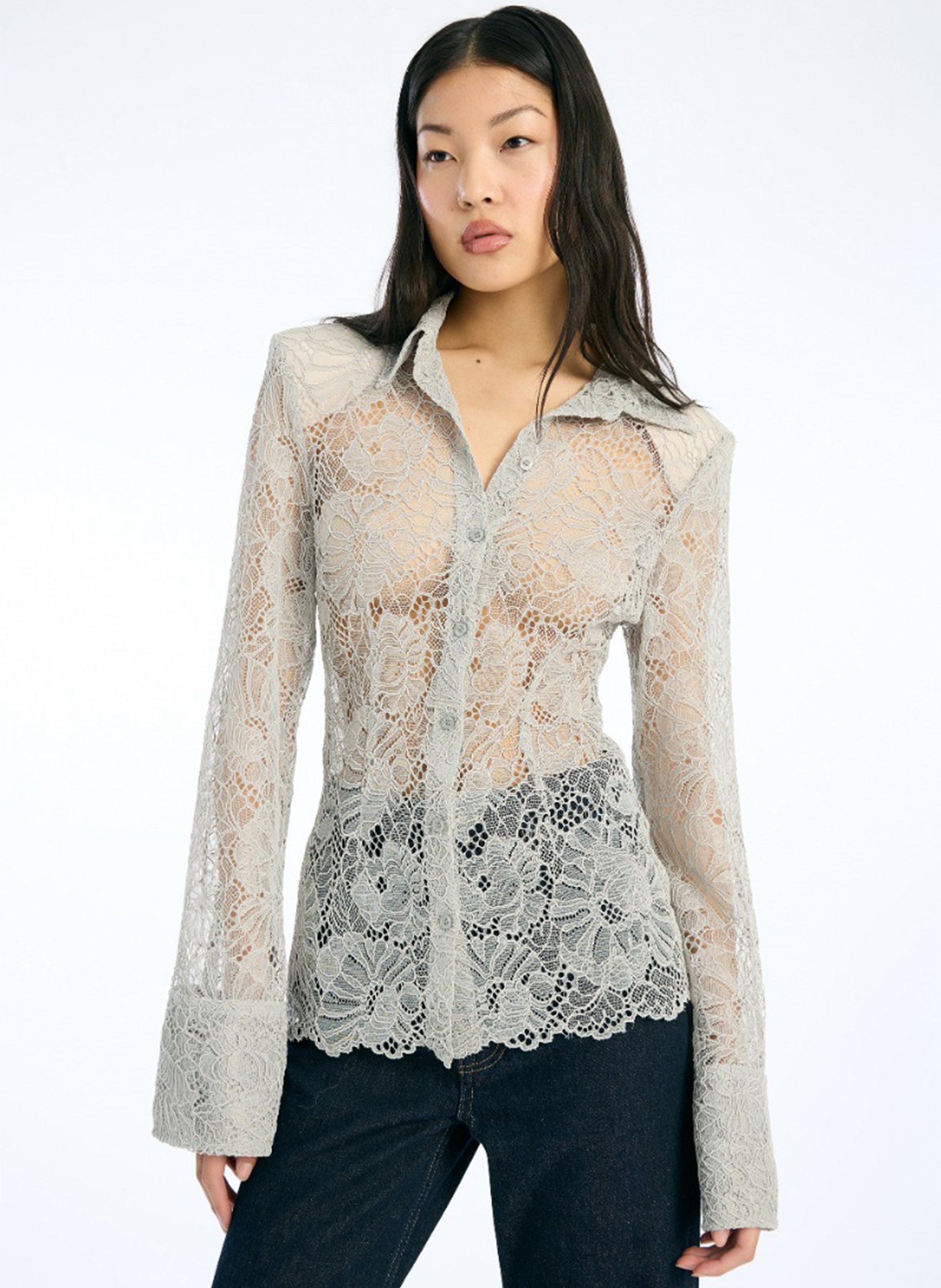 Classic-collar lace shirt ROTATE Grey