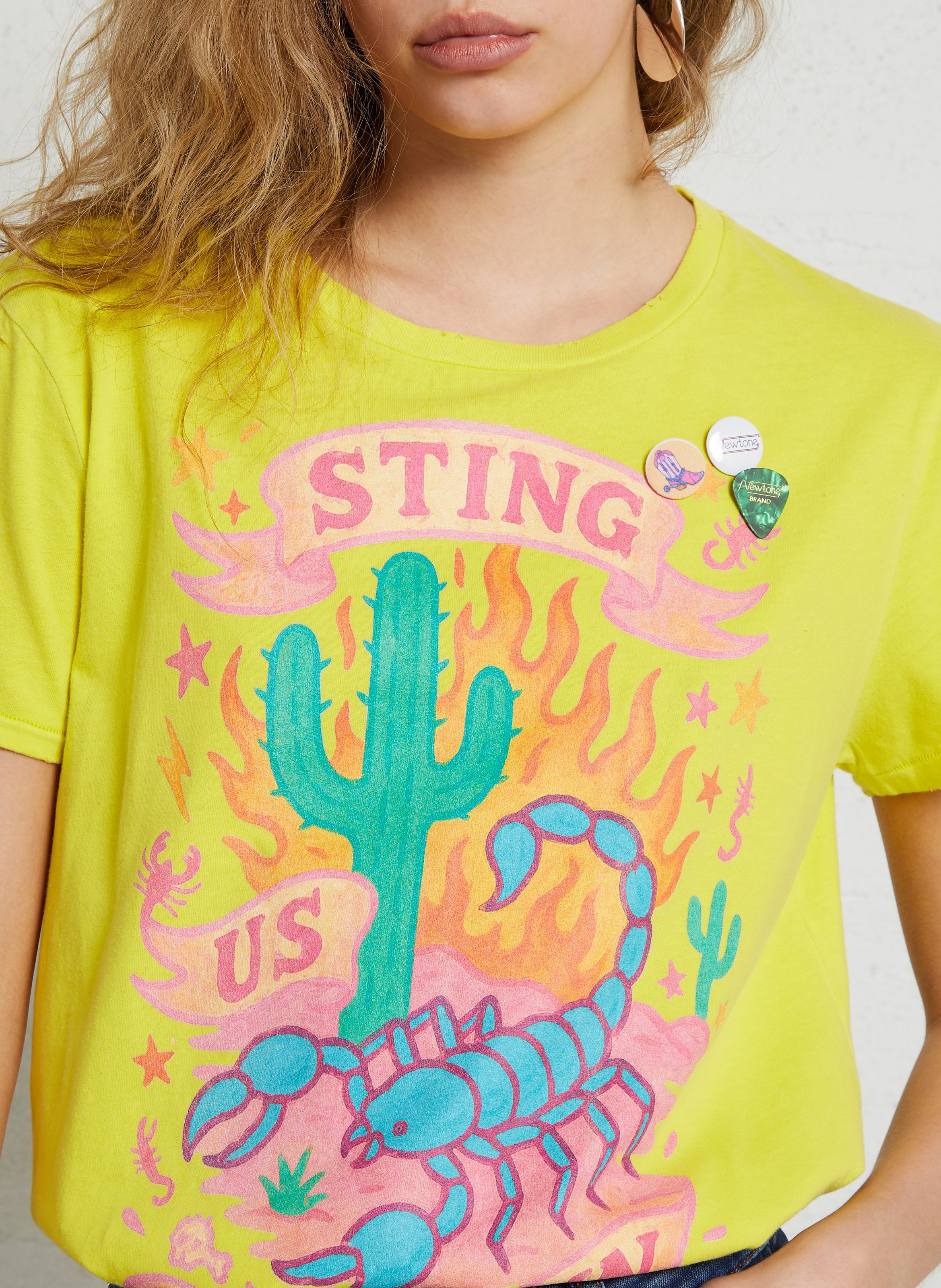 Straight round-neck cotton T-shirt with screen print NEWTONE Yellow