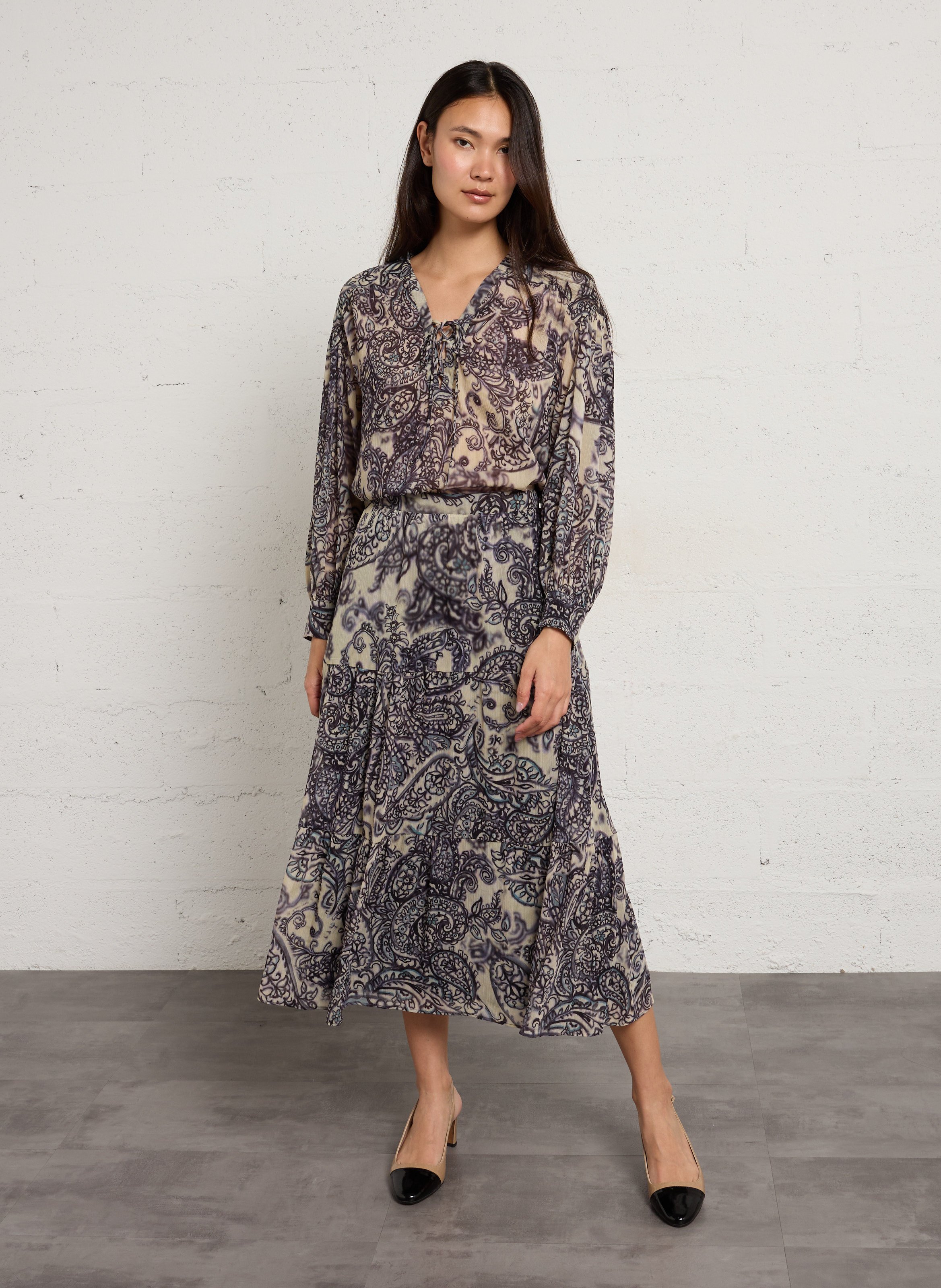 Blouse col V à liens imprimée SUD EXPRESS Bleu