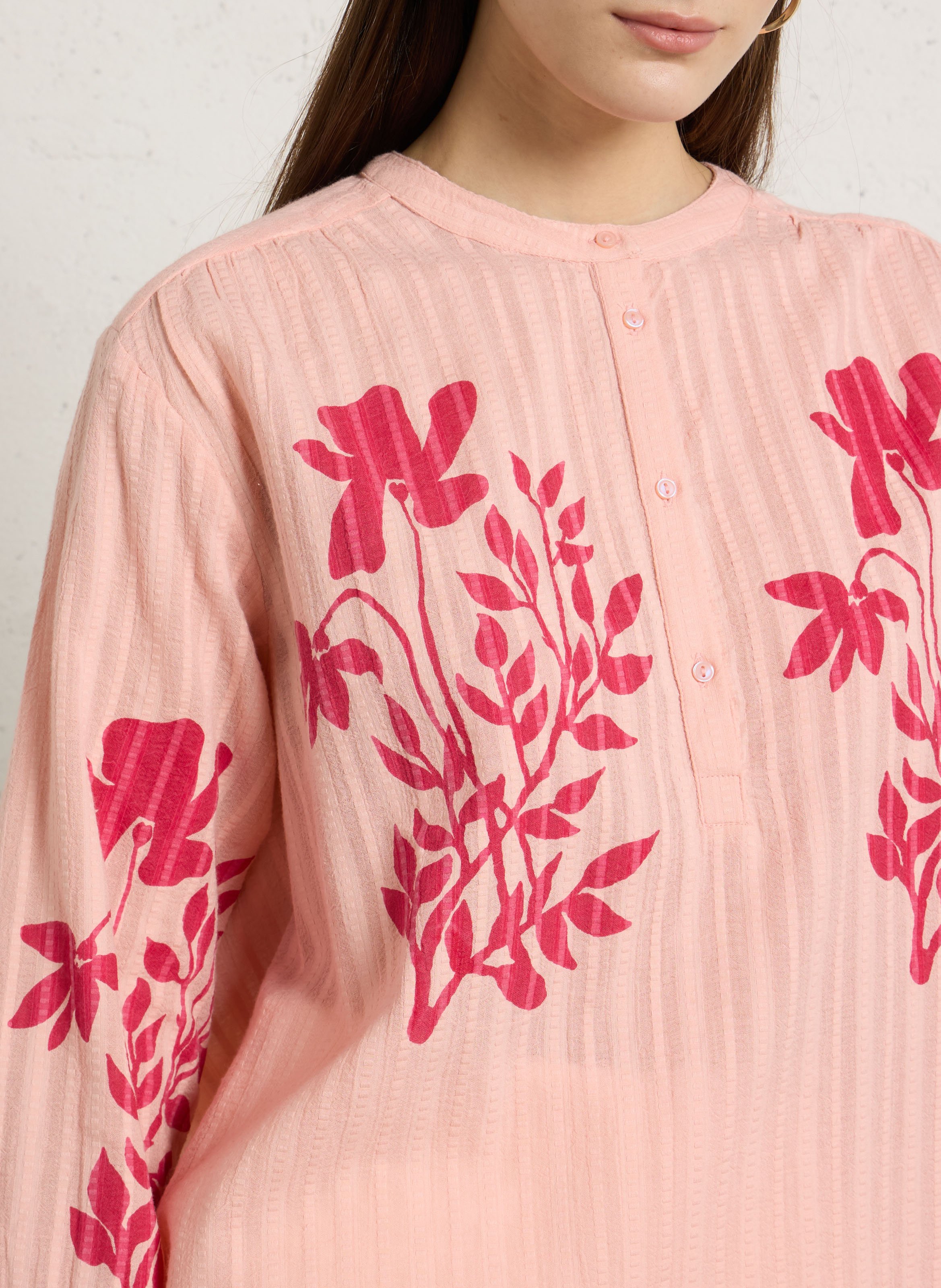 Blouse ample col tunisien en coton SUD EXPRESS Rose