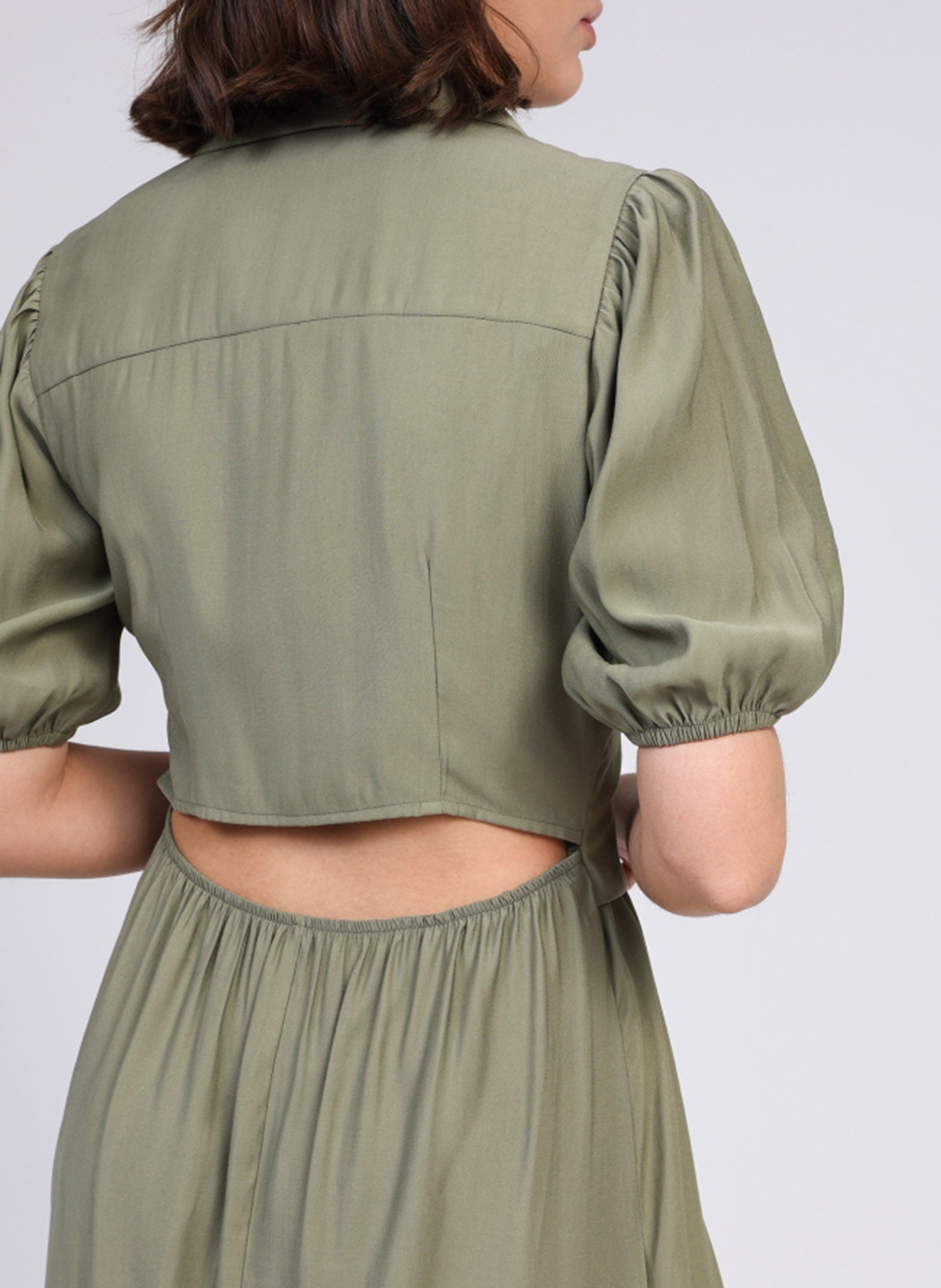 Midi-A-Linie-Kleid mit kurzen Ärmeln AN'GE Khaki