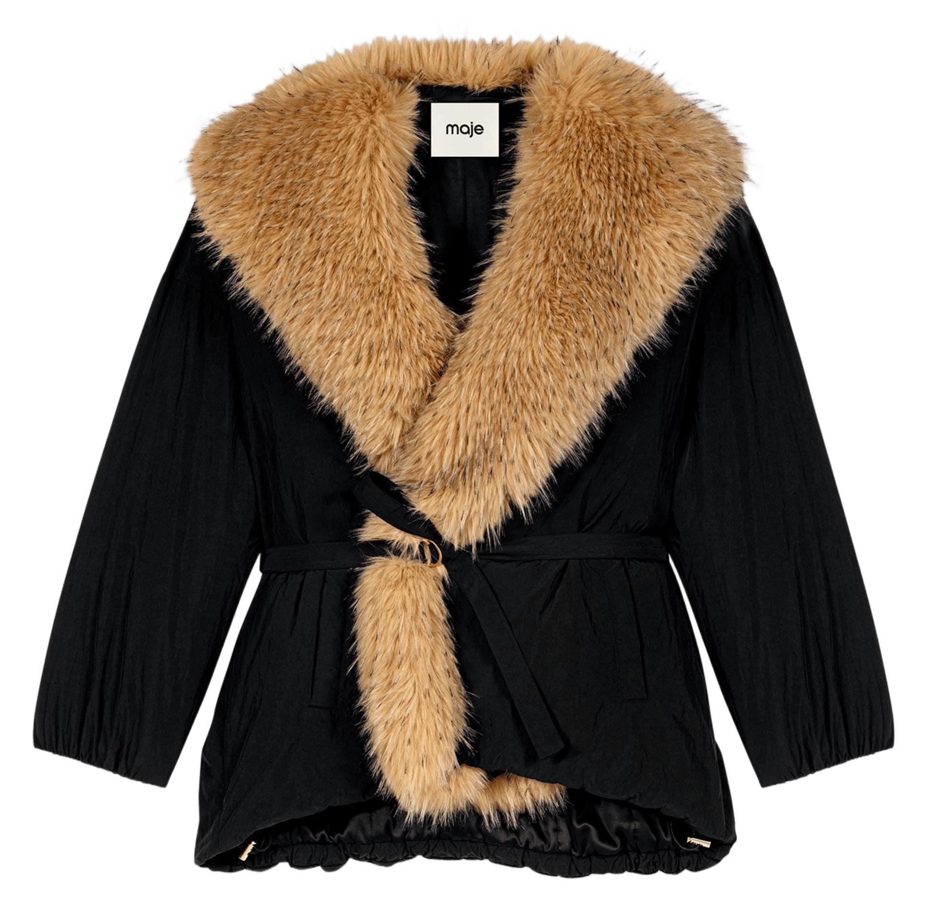 Manteau ceinturé à détail fausse fourrure MAJE Noir