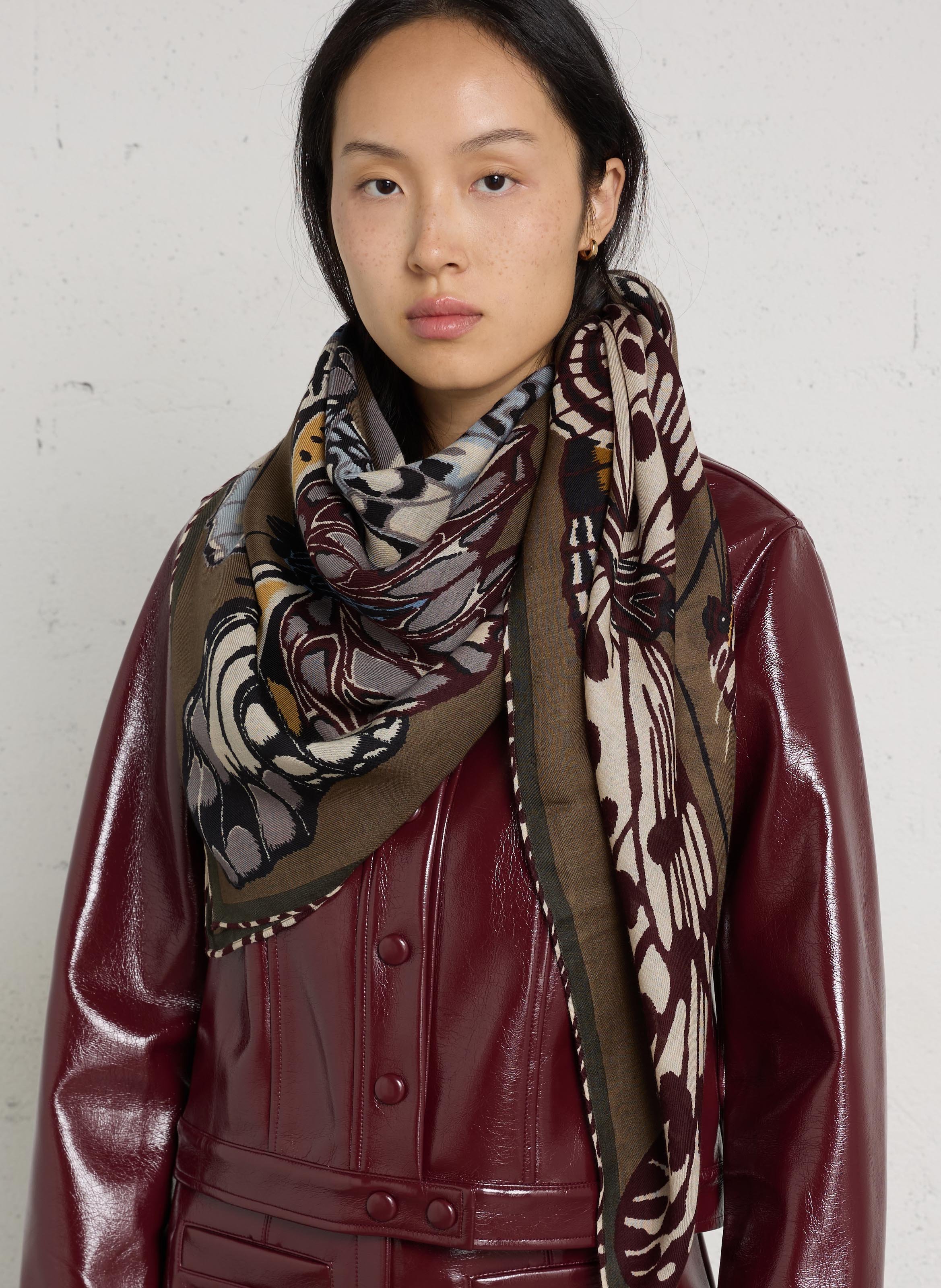 Thin square printed wool scarf INOUI EDITIONS Khaki