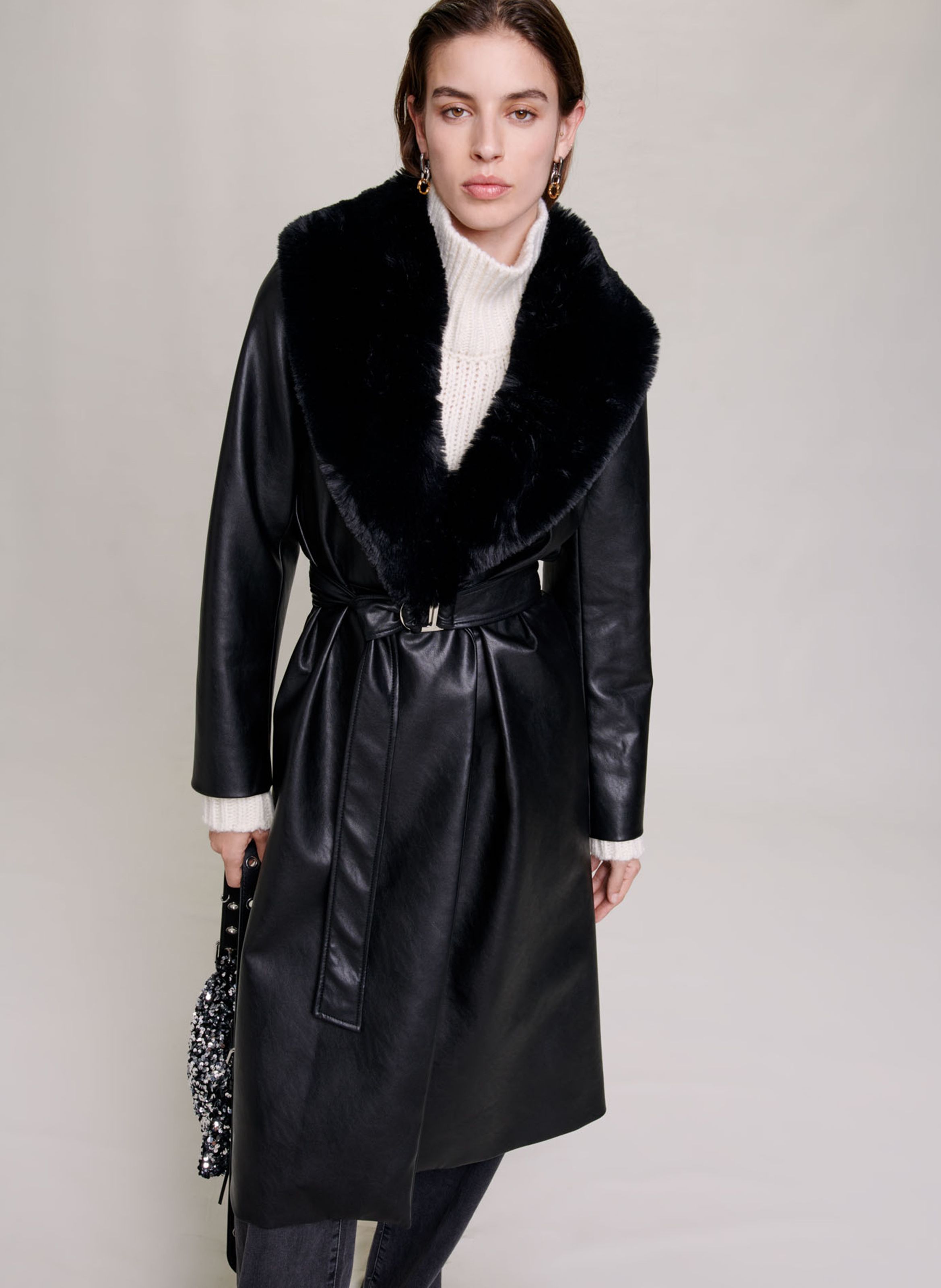 Black Long leather effect coat with shawl collar