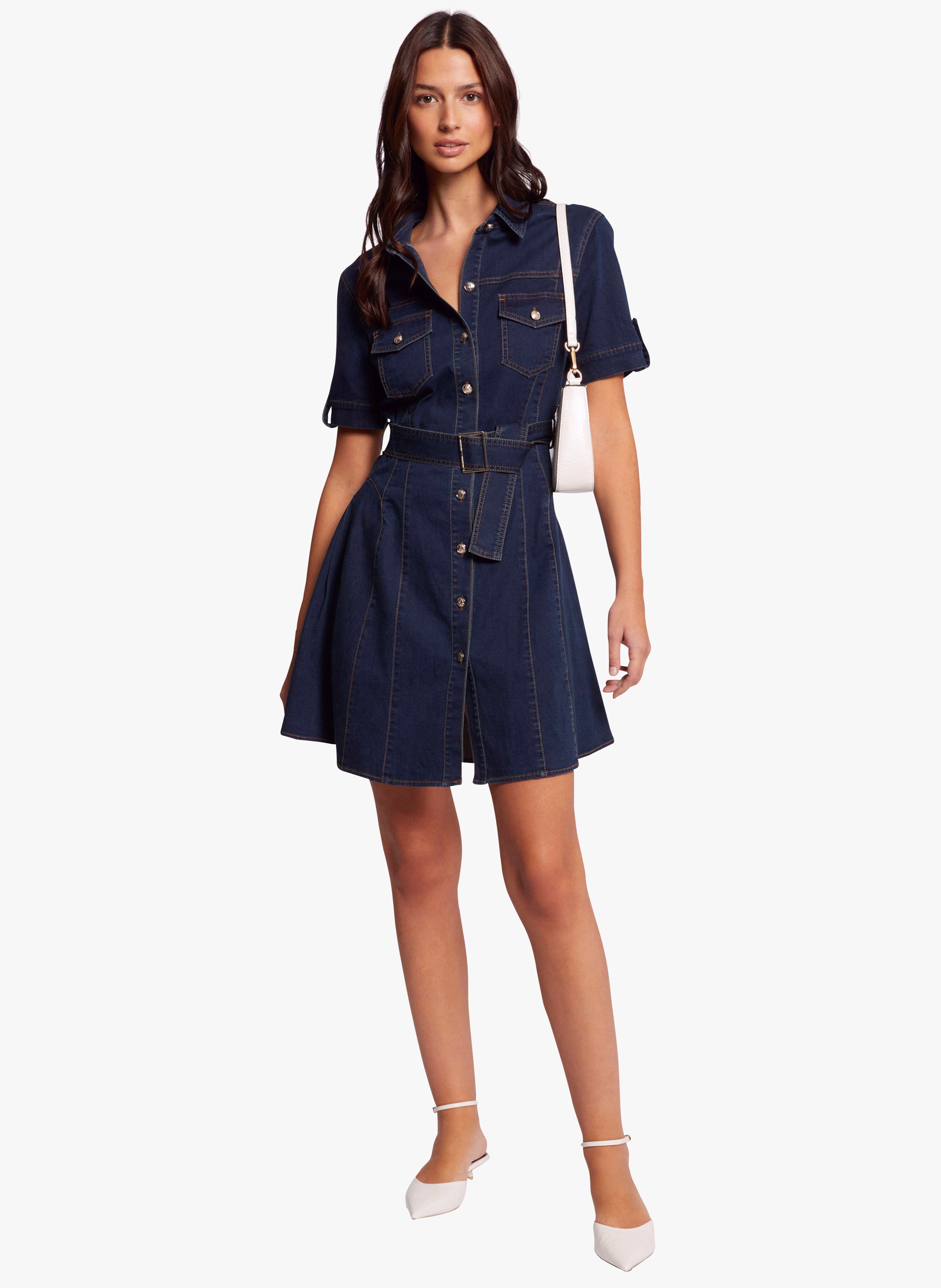 Short fitted cotton-blend dress with classic collar MORGAN Blue