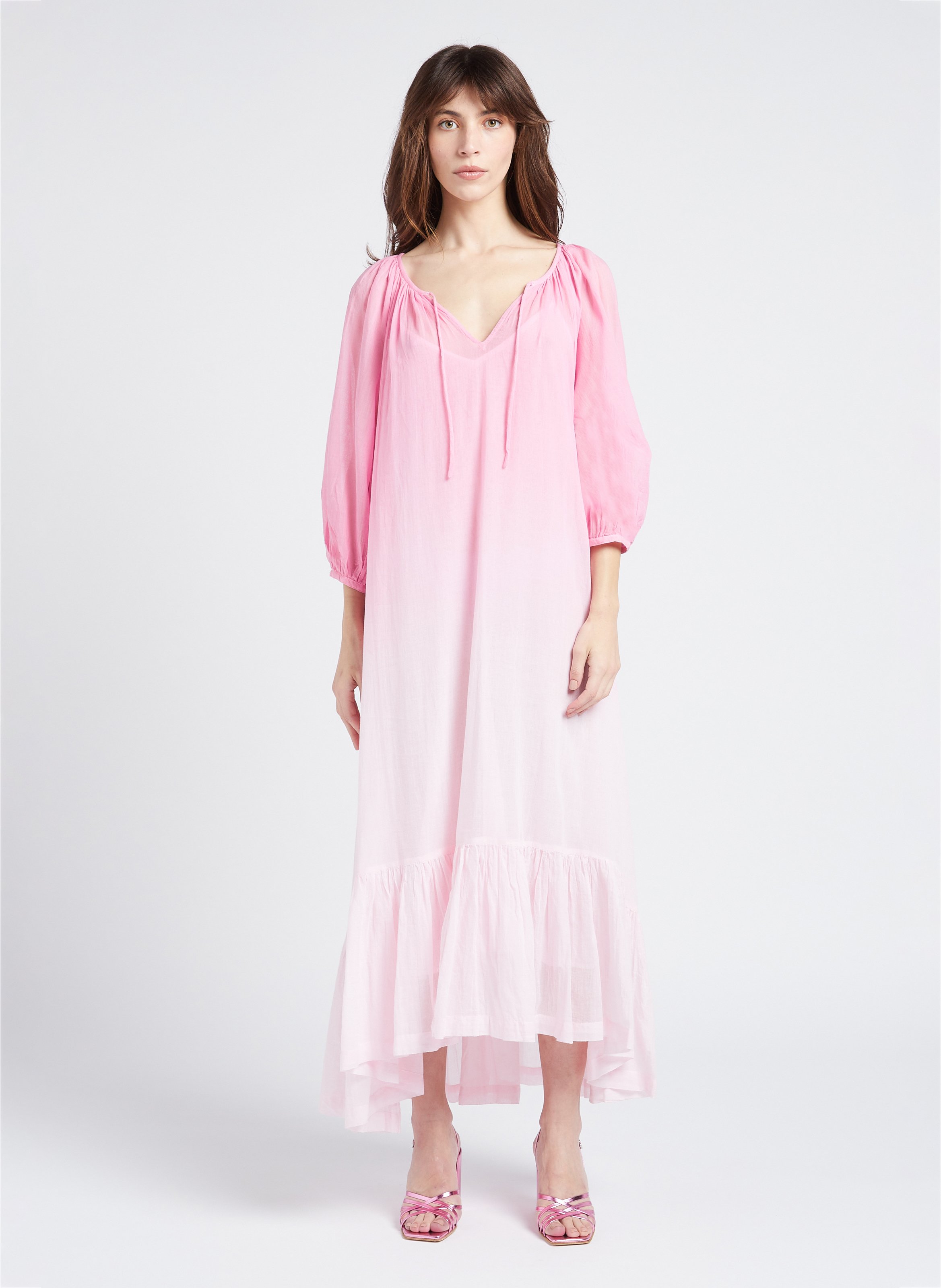 Long loose-fit gathered cotton dress SWILDENS Pink
