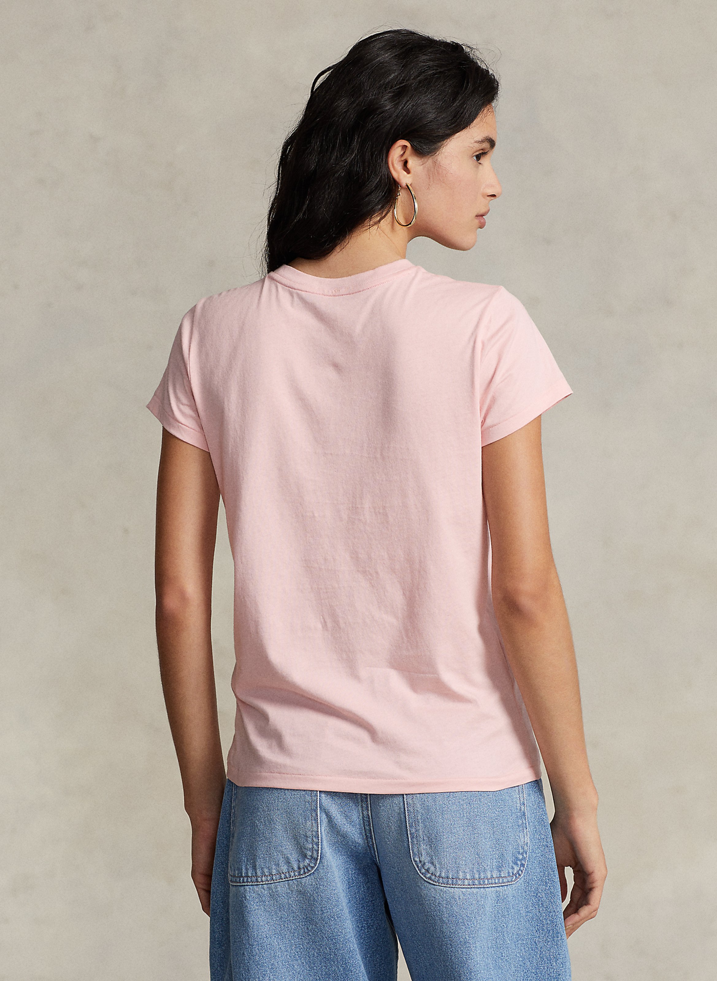 Tee-shirt col rond brodé en coton POLO RALPH LAUREN Rose