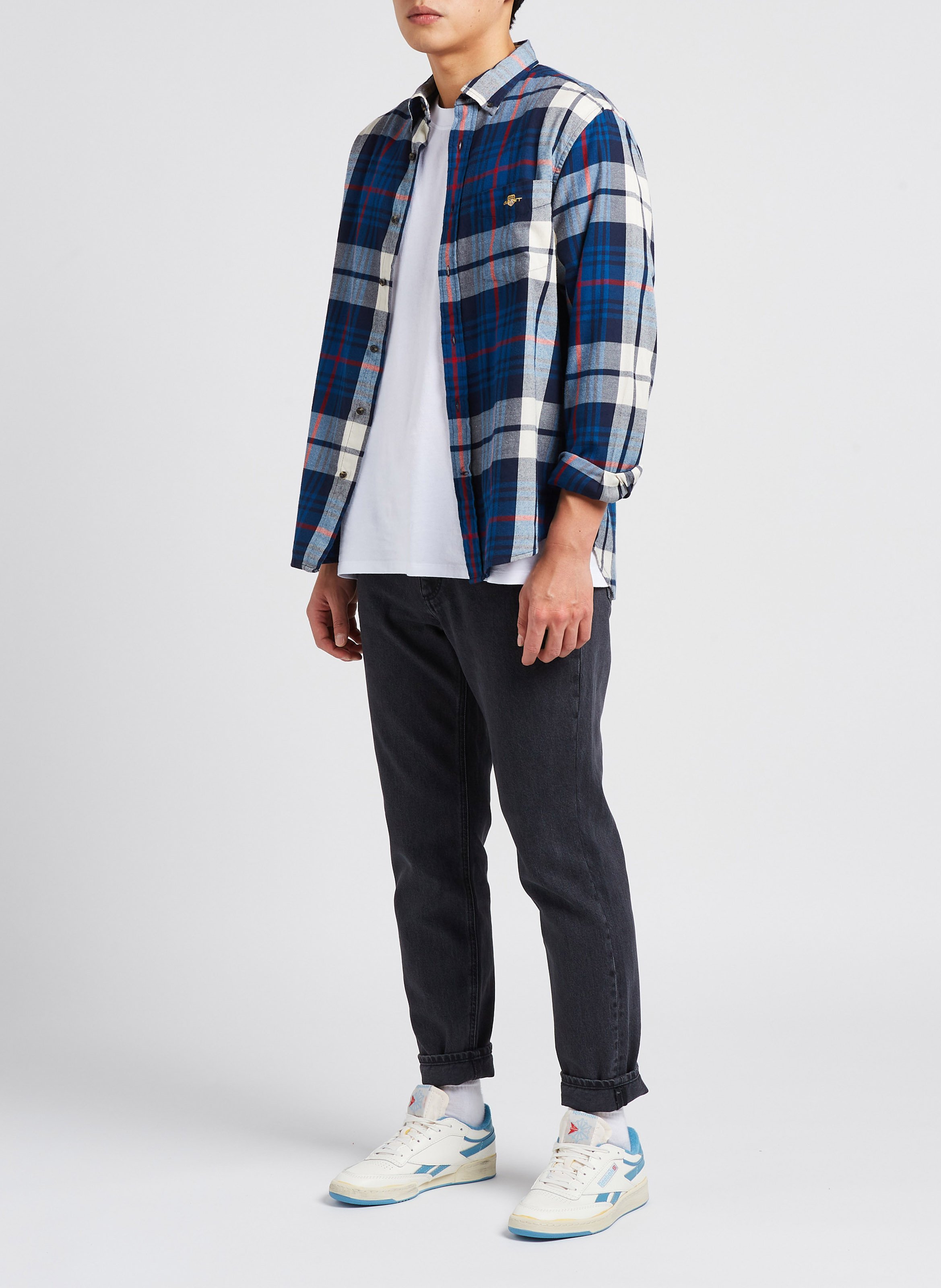 Regular-fit, geruit katoenen overhemd met Amerikaanse kraag Wit