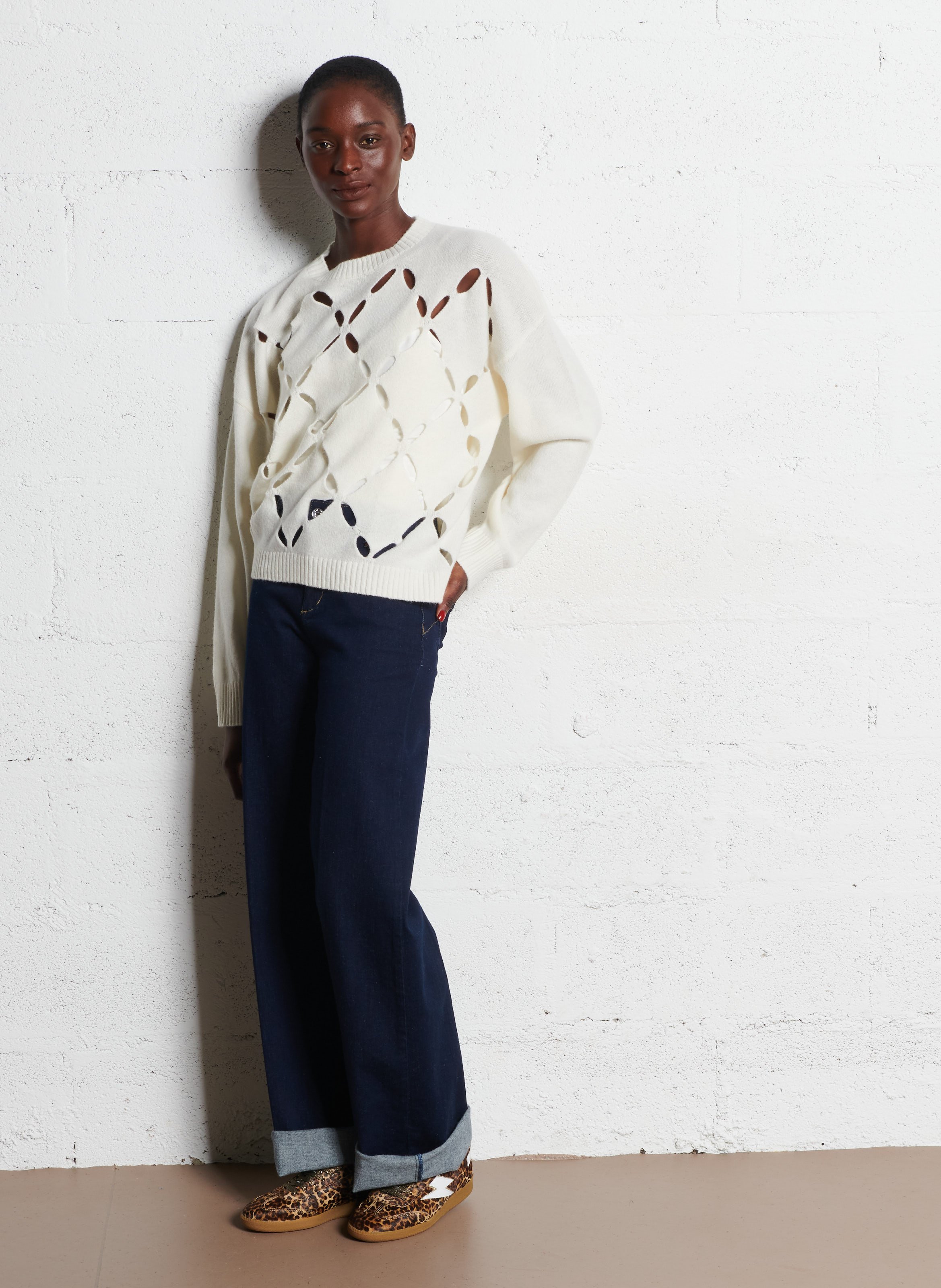 Wijde trui met ajour-patronen in wol LIU JO Wit