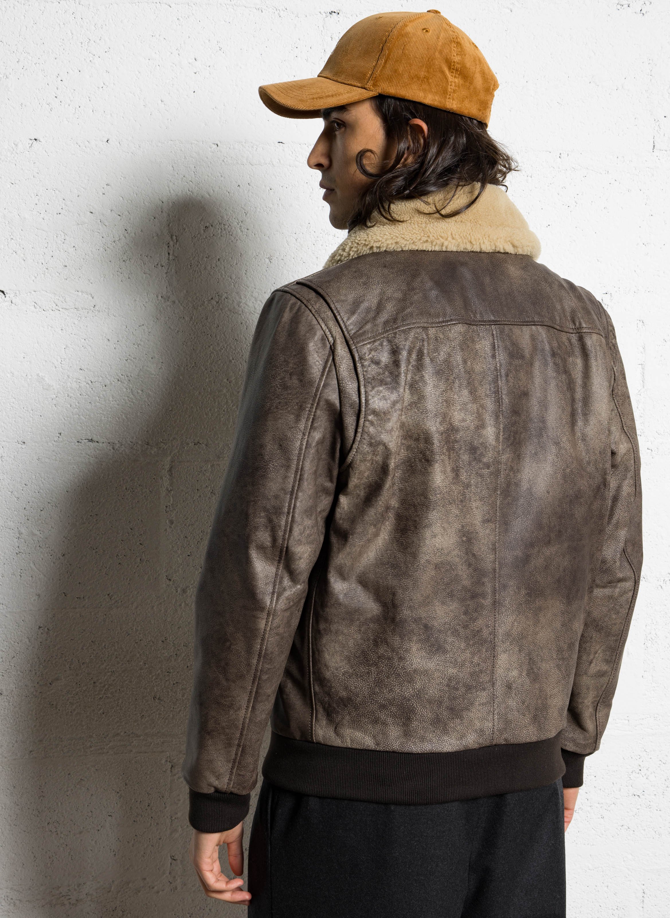 Oversized leather jacket with classic collar CHEVIGNON Brown