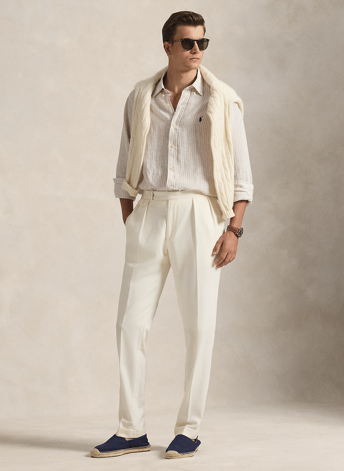 Straight classic collar shirt in striped linen POLO RALPH LAUREN Beige