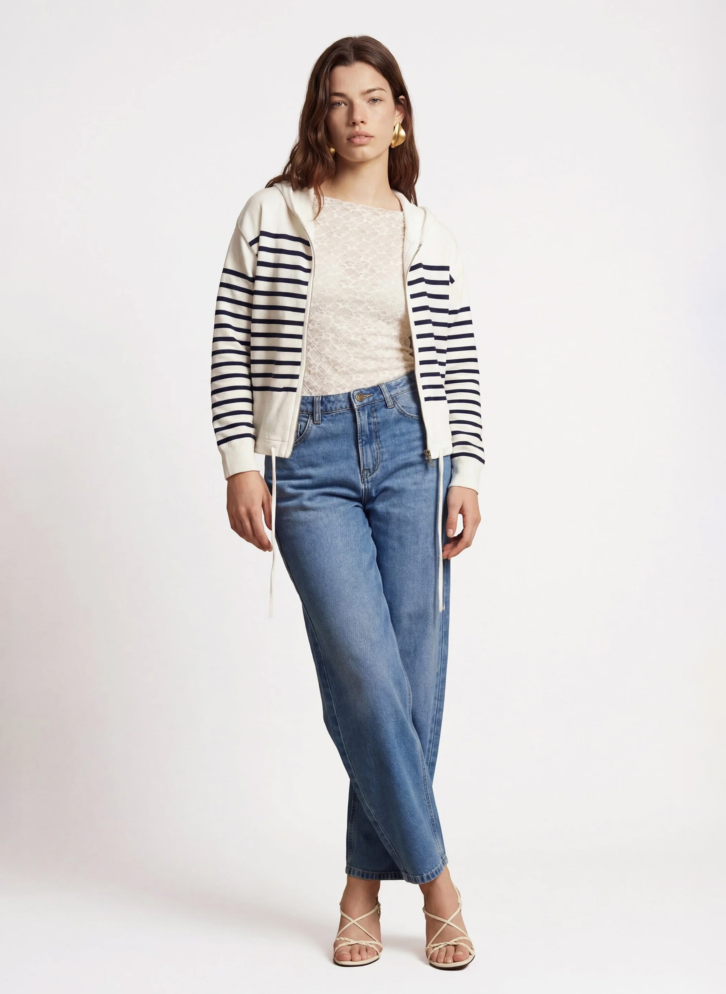 Striped hooded straight vest KOOKAI White