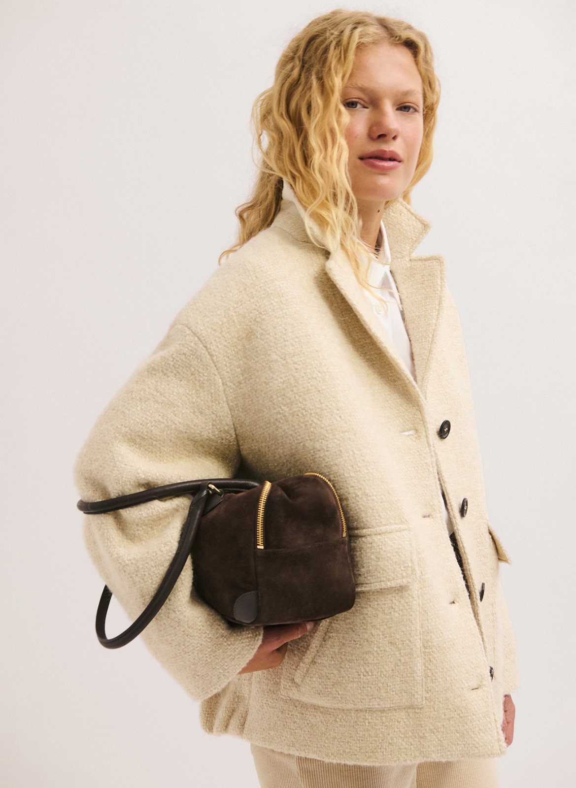 Manteau oversize col tailleur en coton et laine mélangé PABLO Beige