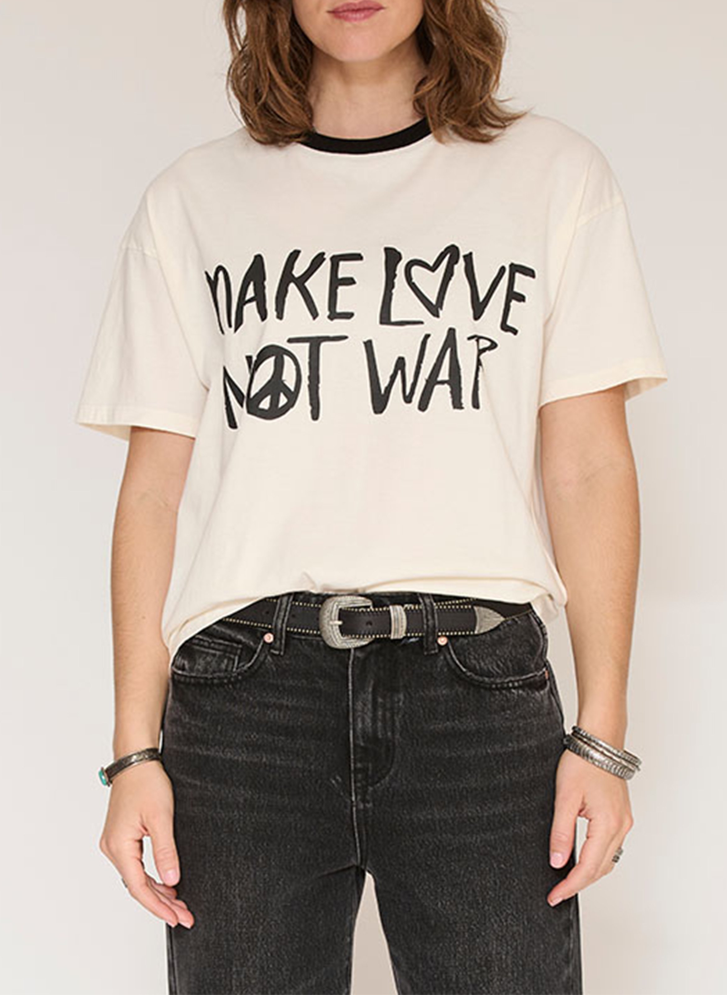 Weites Rundhals-T-Shirt mit bedrucktem Baumwolle MKT Beige
