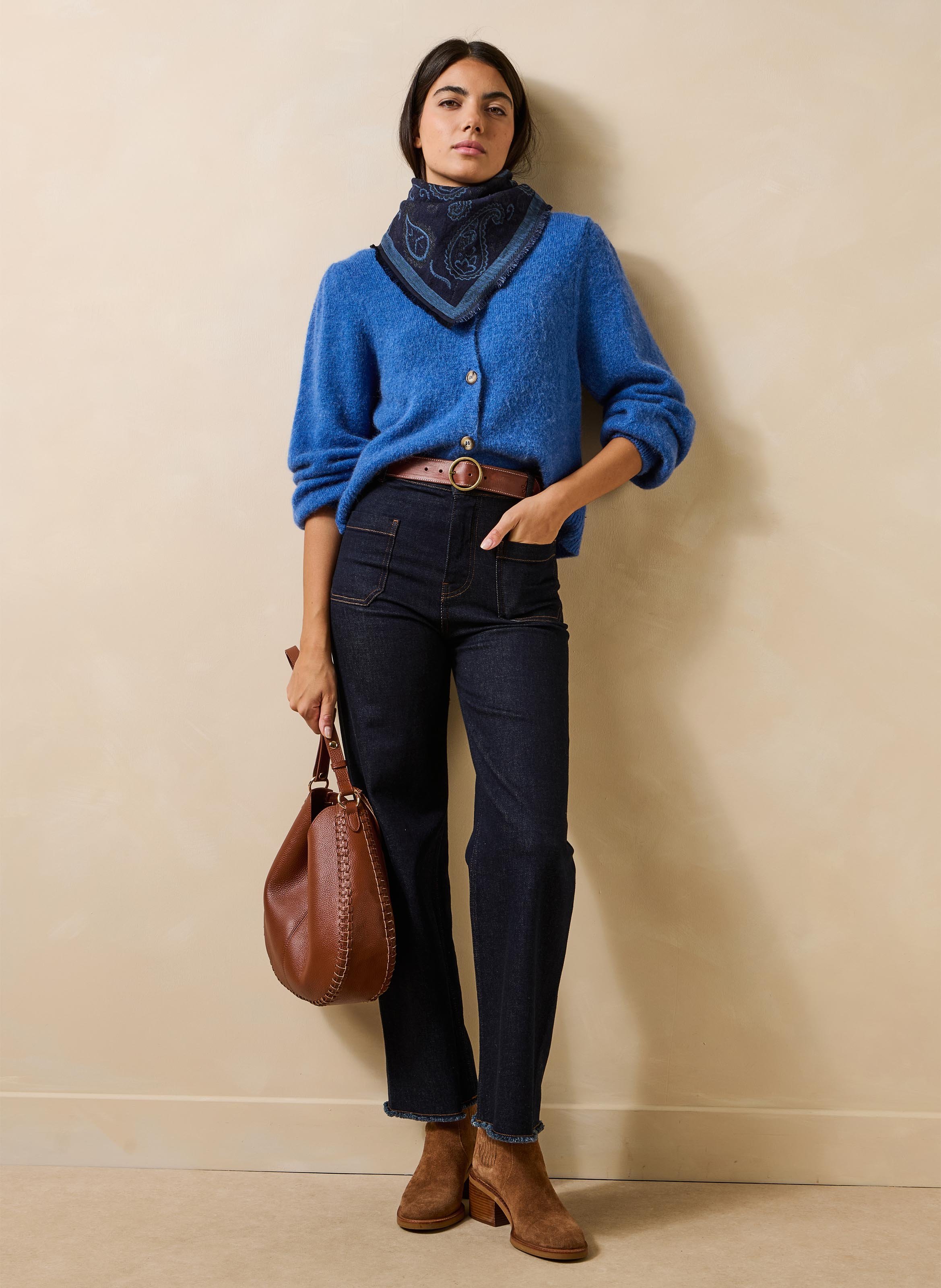Weite Strick-Mix-Jacke mit Rundhalskragen LA FEE MARABOUTEE Blau