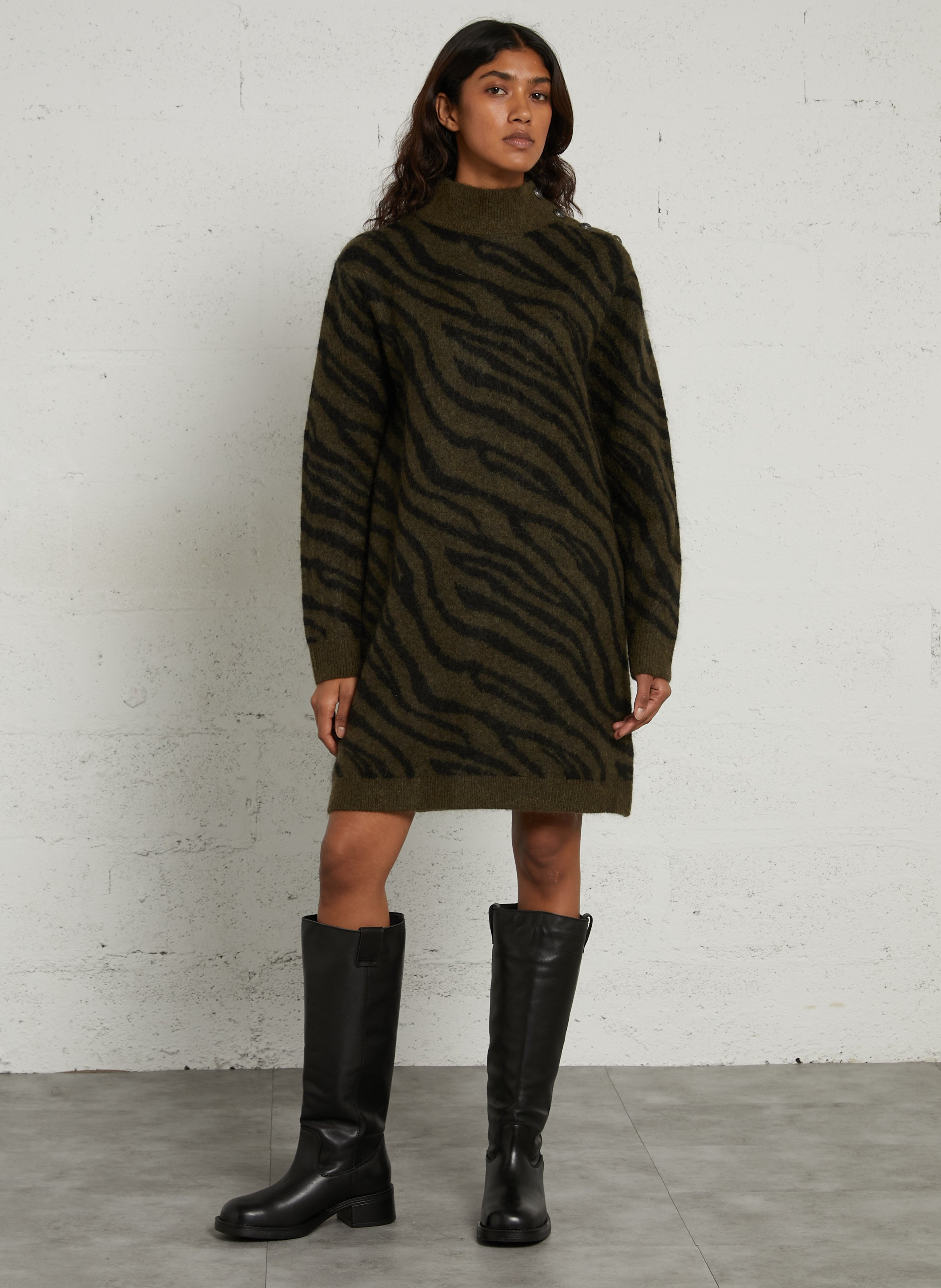 Pulloverkleid mit Stehkragen aus Wollmischung IKKS Khaki