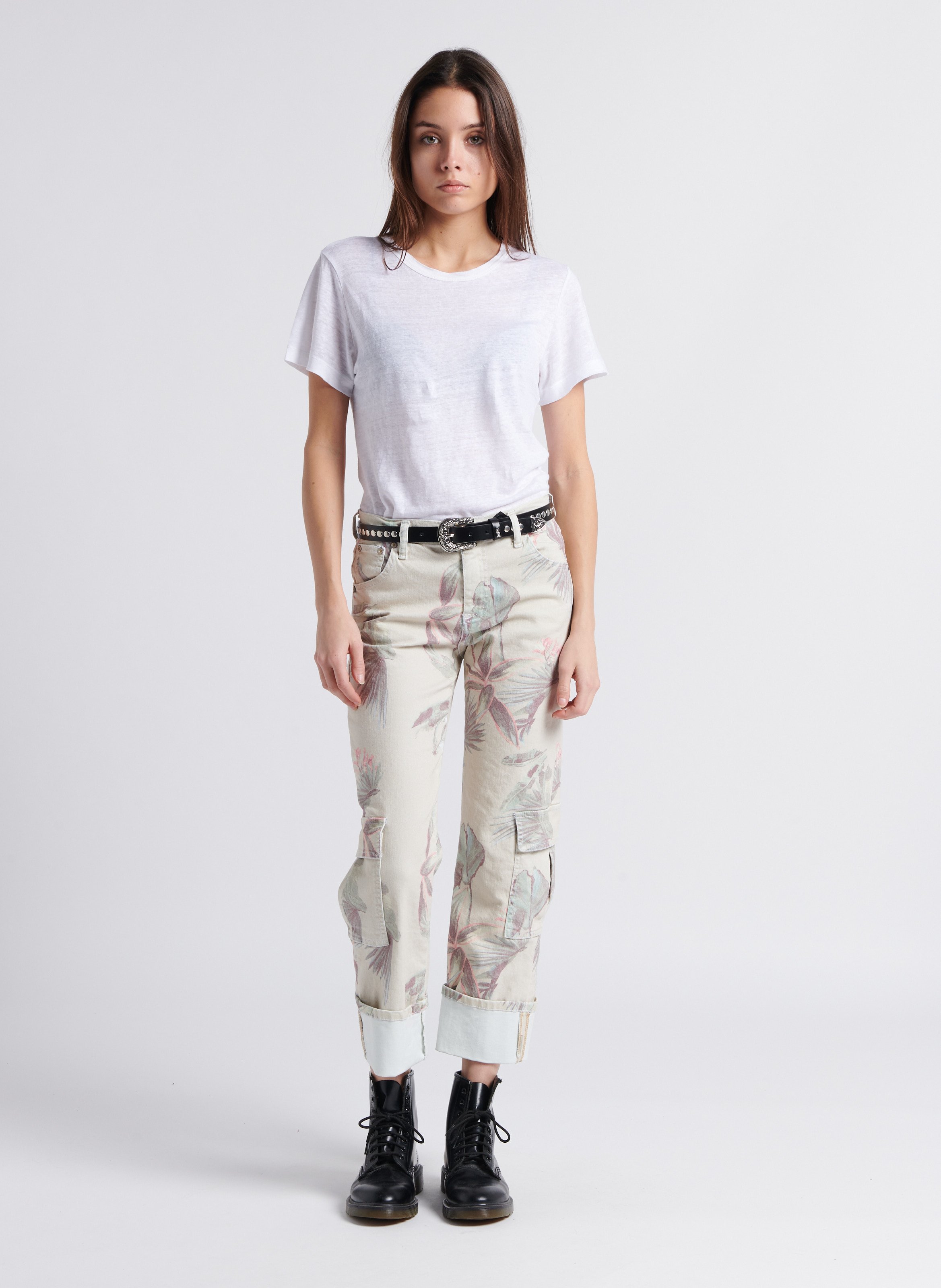 Cropped jeans van katoenmix met print Beige