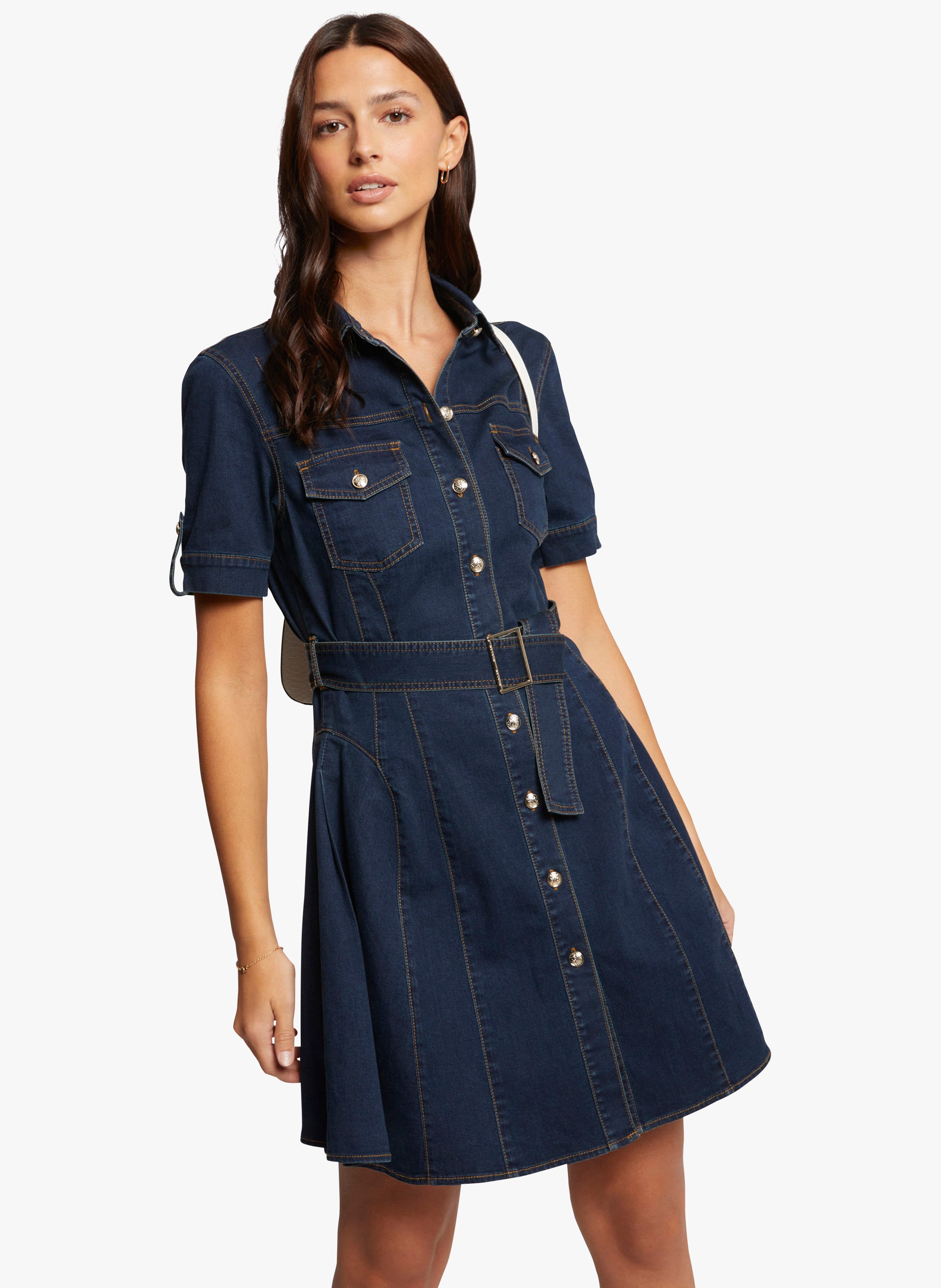 Short fitted cotton-blend dress with classic collar MORGAN