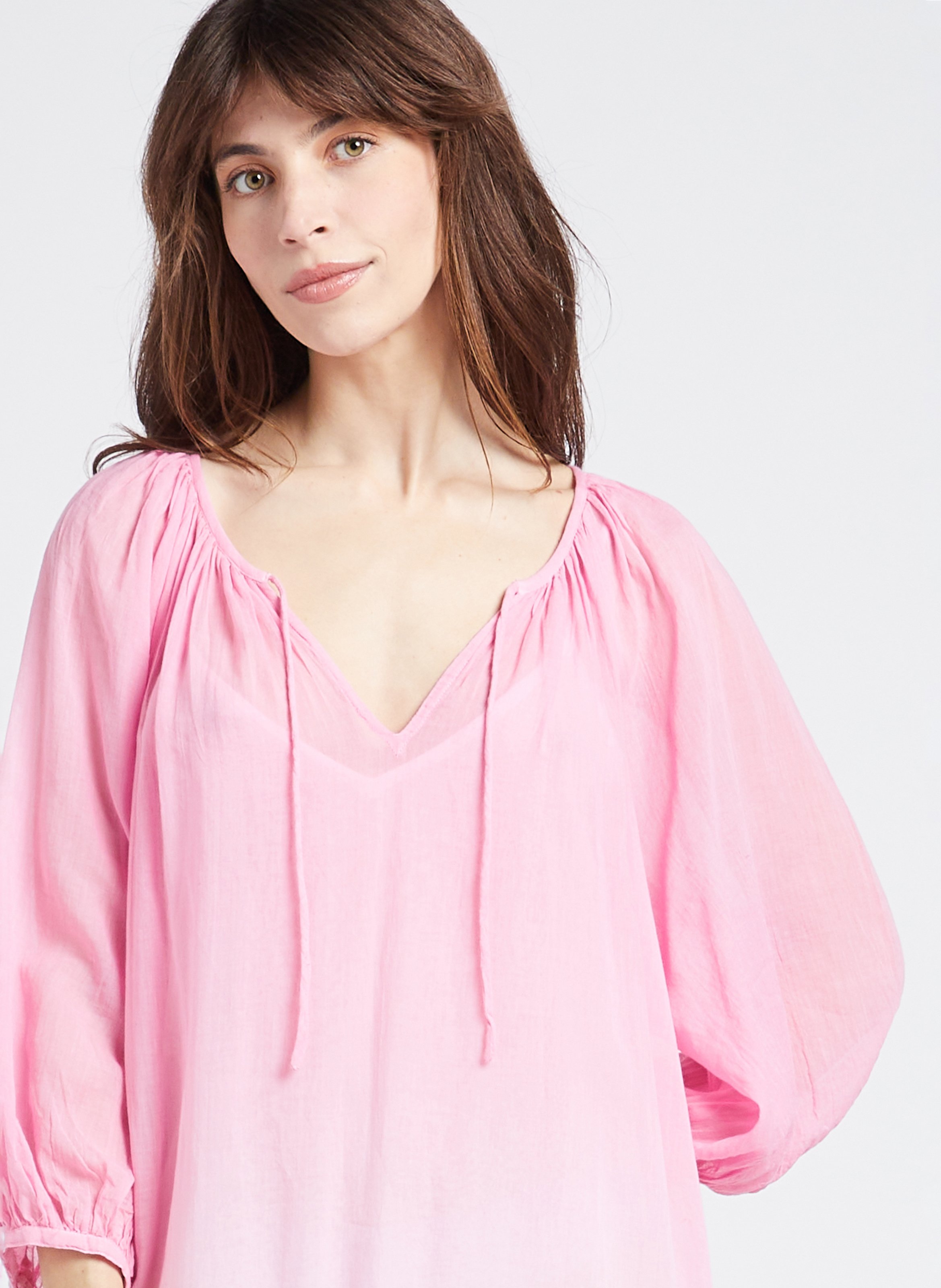 Long loose-fit gathered cotton dress SWILDENS Pink