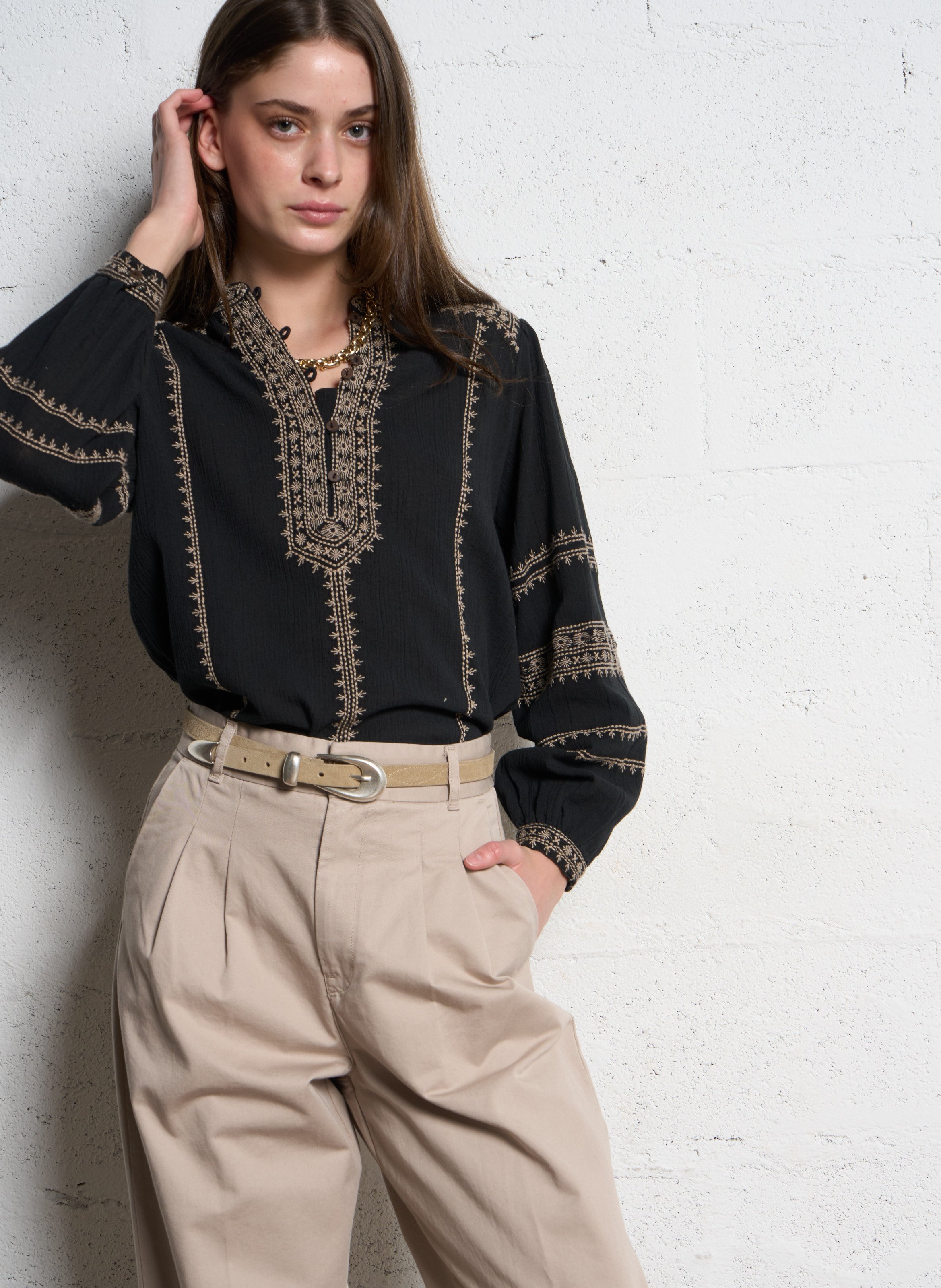 Round neck blouse with embroidered details MAISON HOTEL