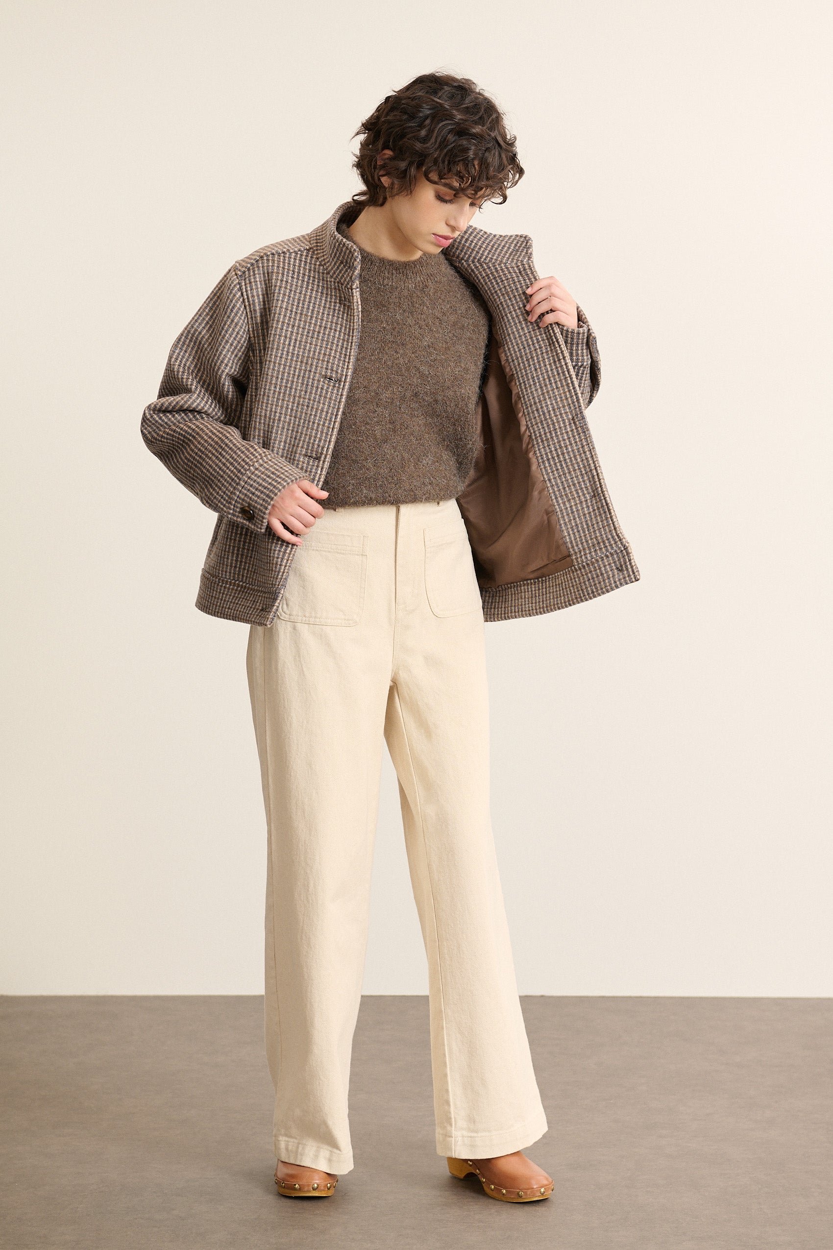 Cropped wool-blend check jacket GARANCE PARIS Blue