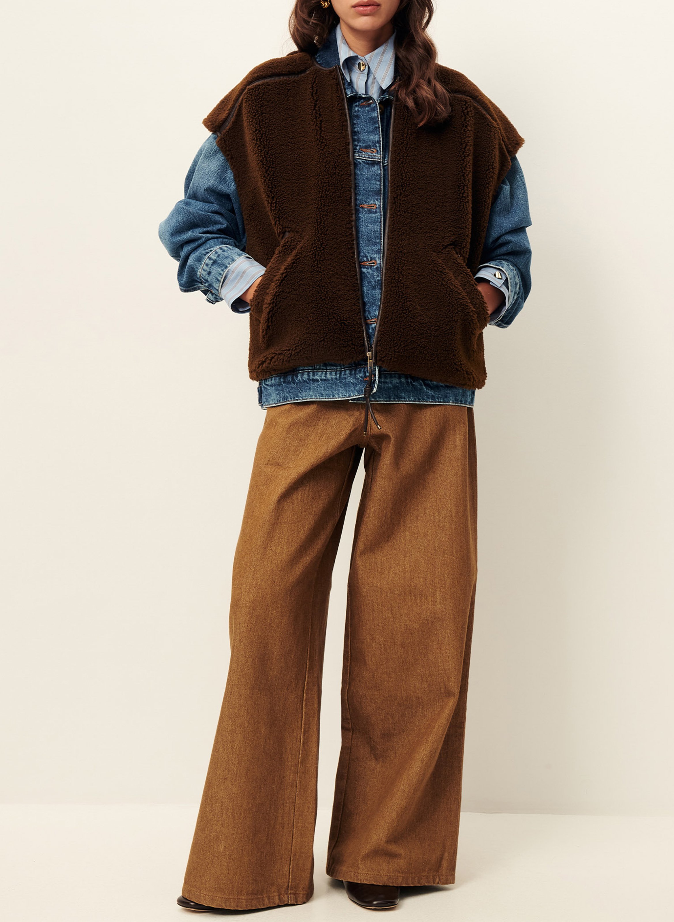 Veste sans manches zippée en fourrure bouclée SESSUN Marron