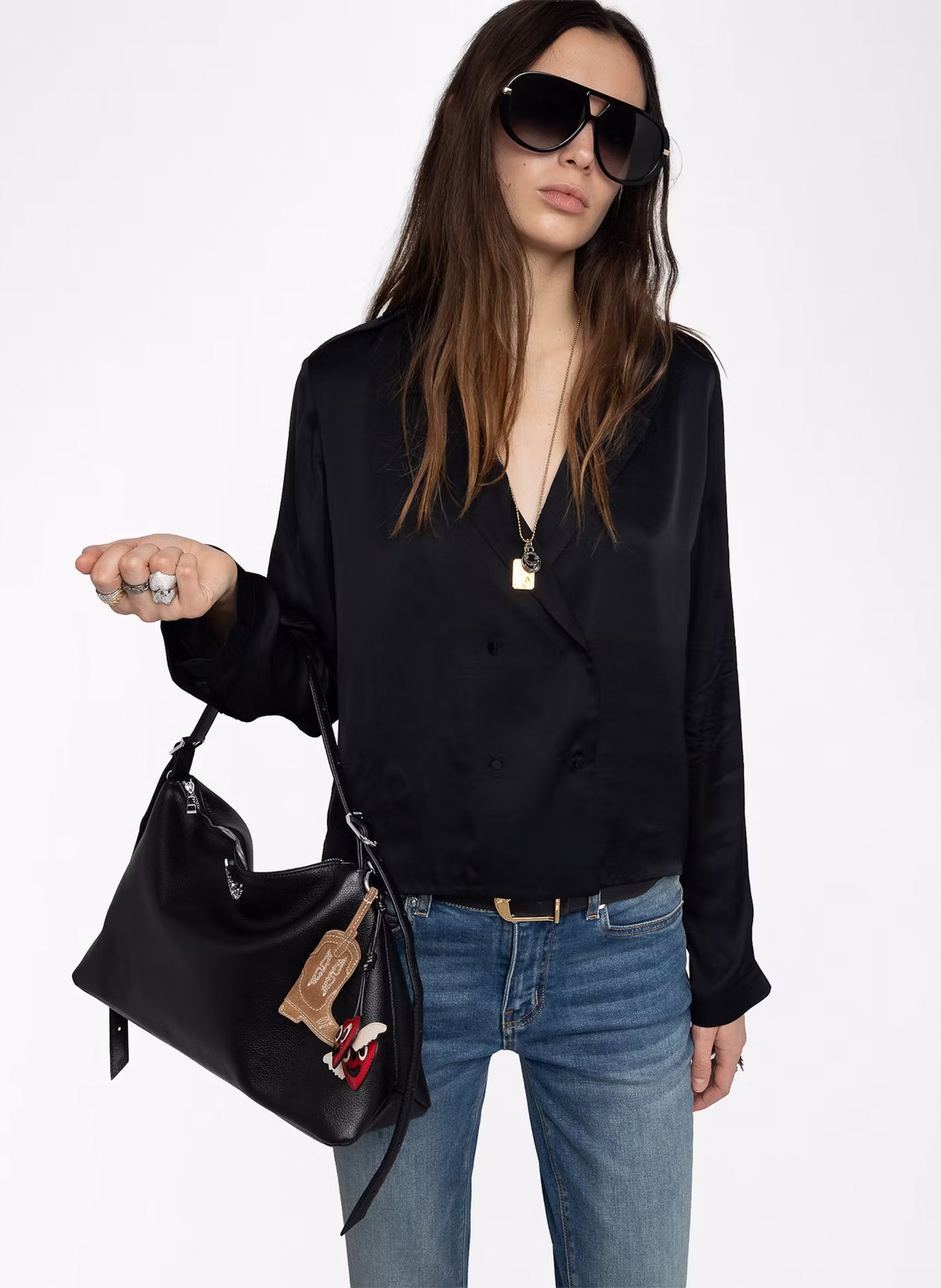 Straight satin-finish V-neck blouse ZADIG&VOLTAIRE Black