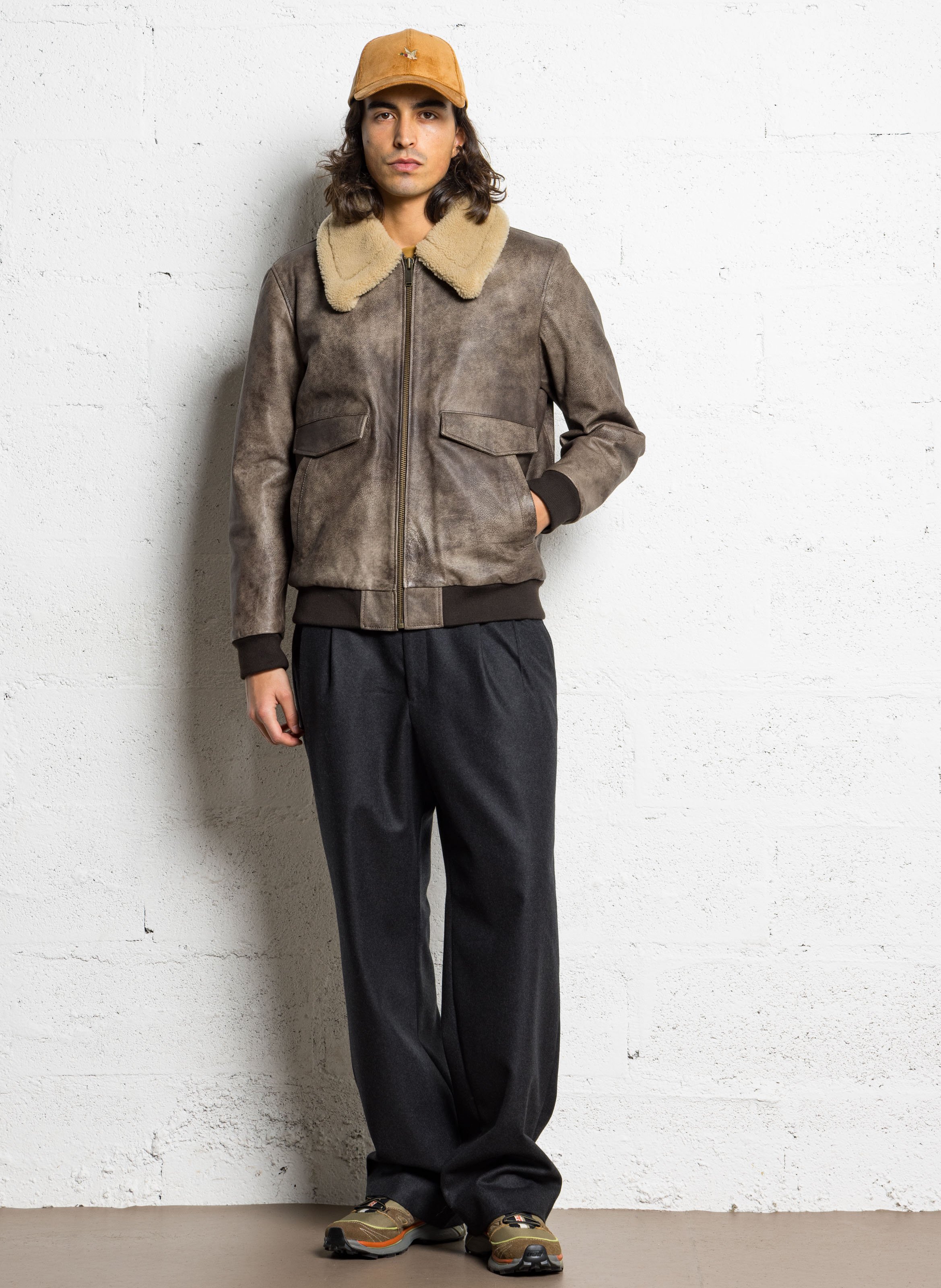 Oversized leather jacket with classic collar CHEVIGNON Brown