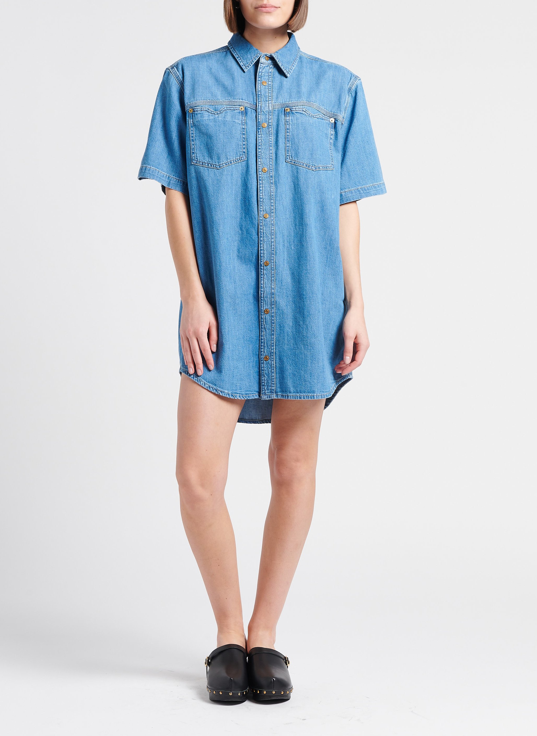 Short denim and cotton dress with classic collar RE/DONE Blue