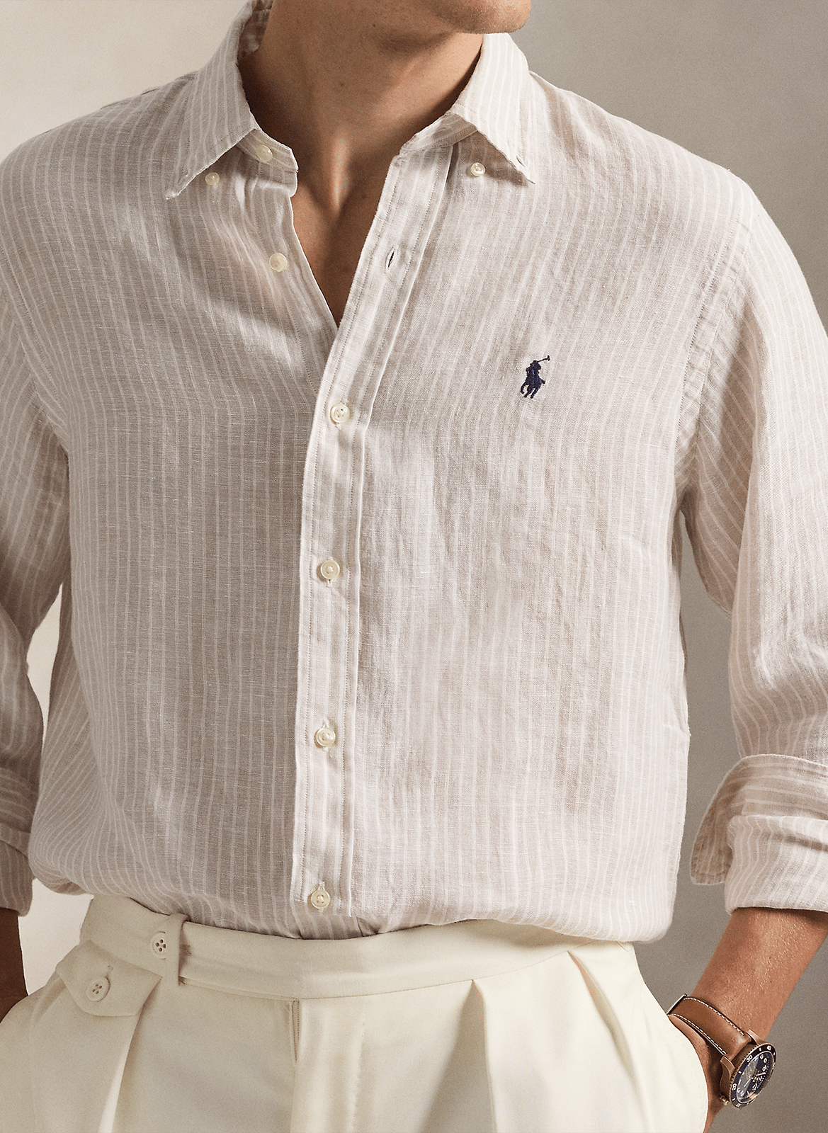 Straight classic collar shirt in striped linen POLO RALPH LAUREN Beige