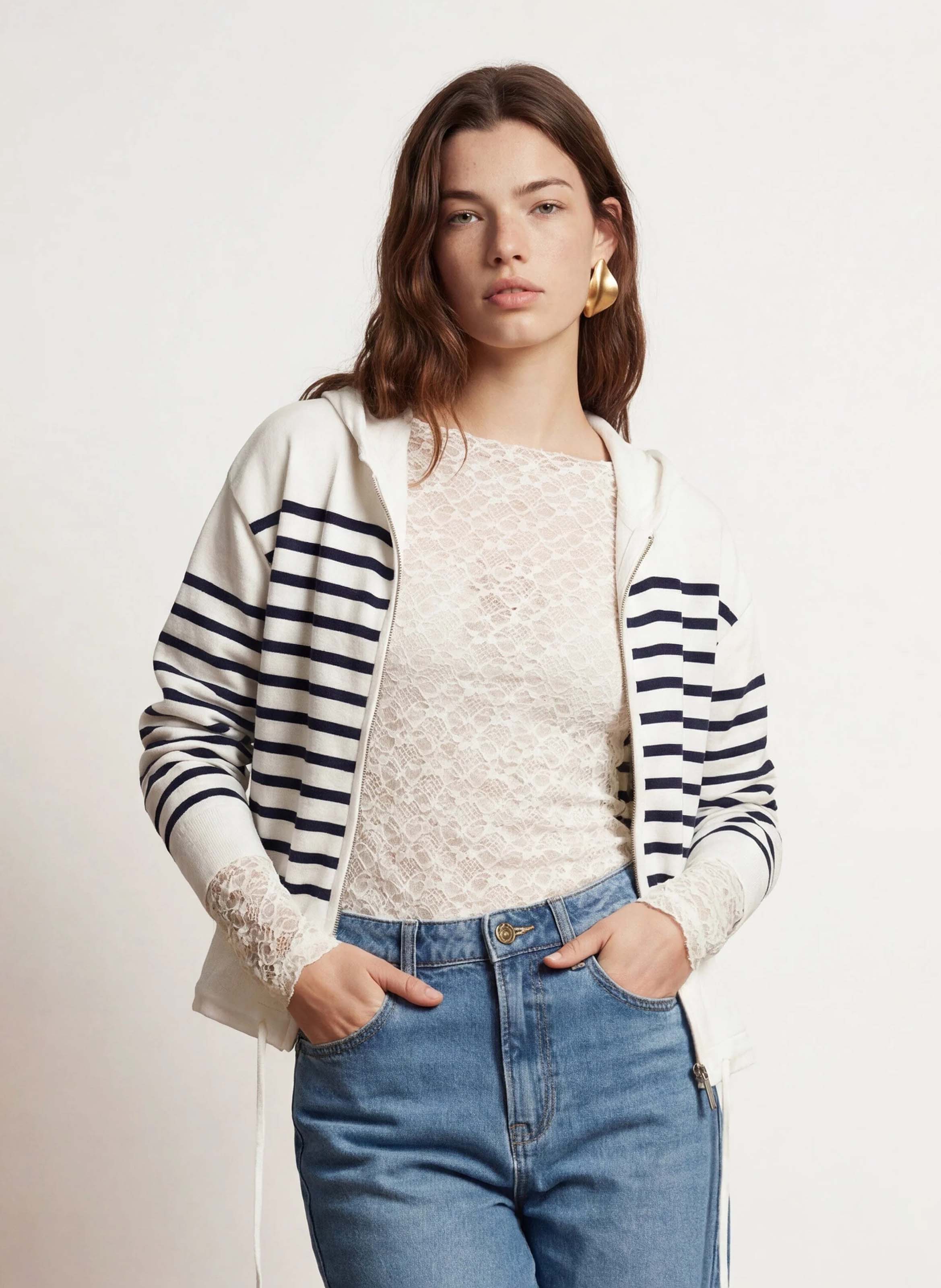 Striped hooded straight vest KOOKAI White