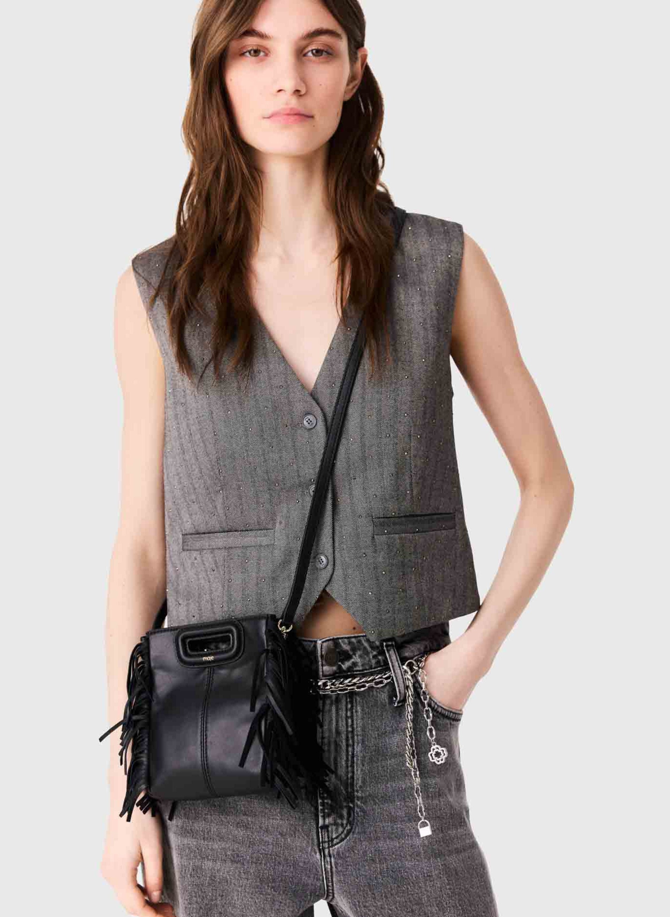 Small fringed leather shoulder bag MAJE Black