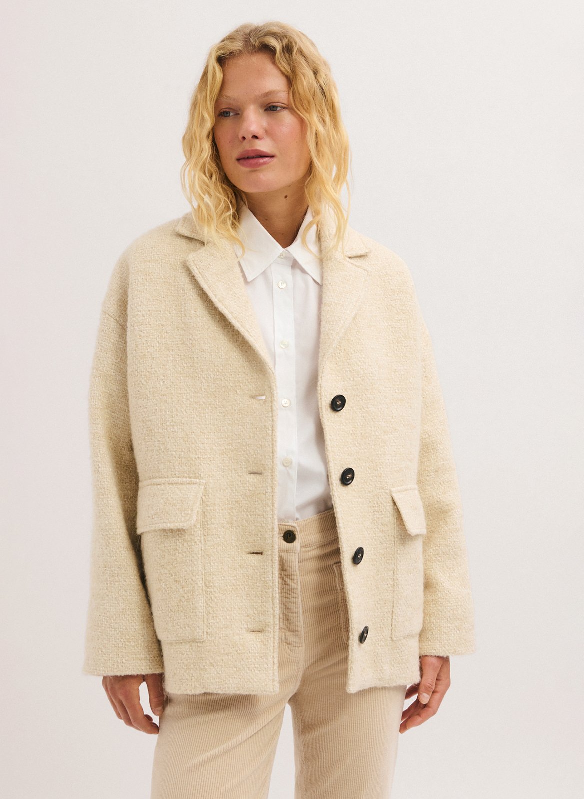 Manteau oversize col tailleur en coton et laine mélangé PABLO Beige
