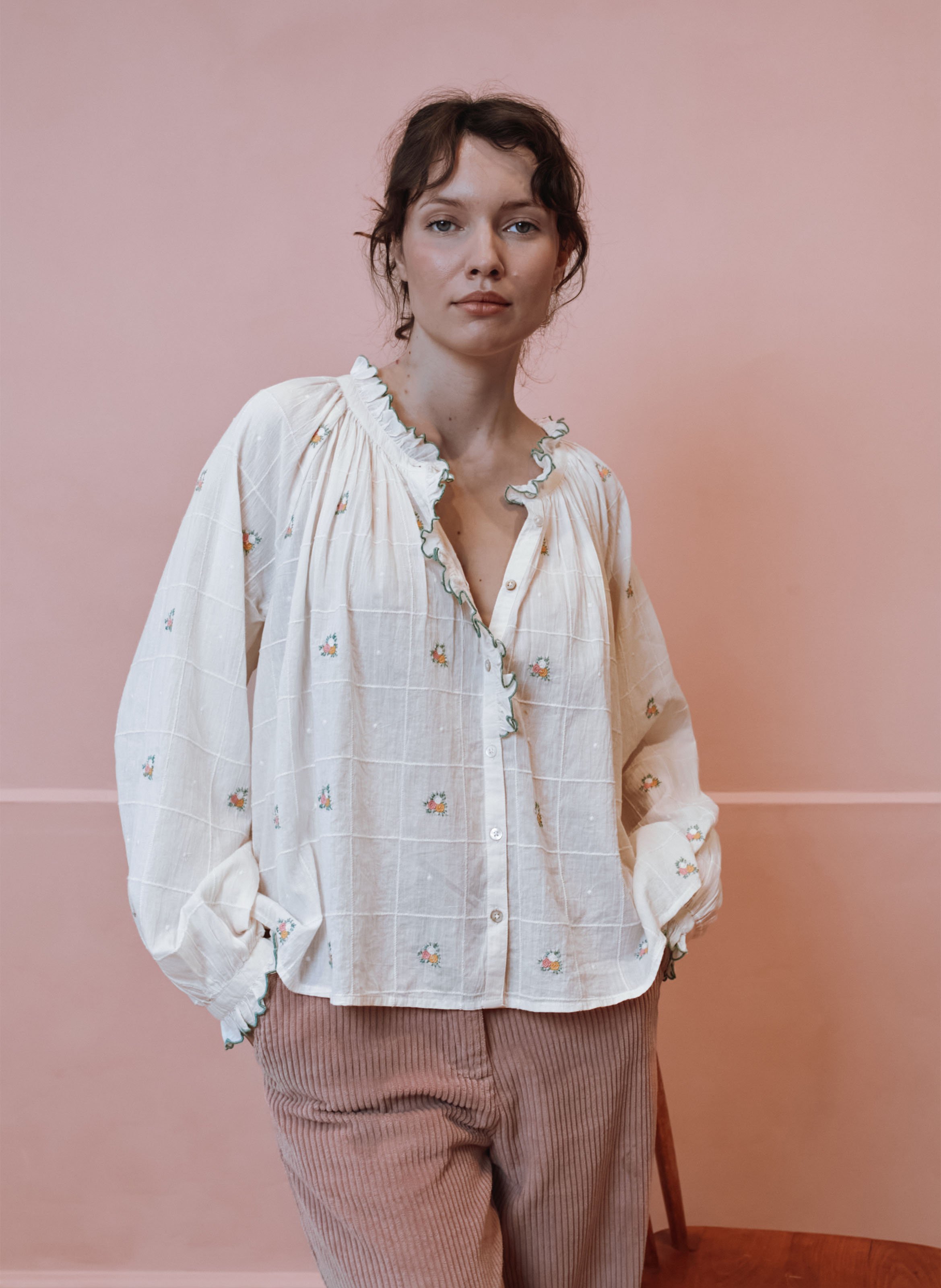 Baumwollbluse mit Rundhalskragen EMILE ET IDA Beige