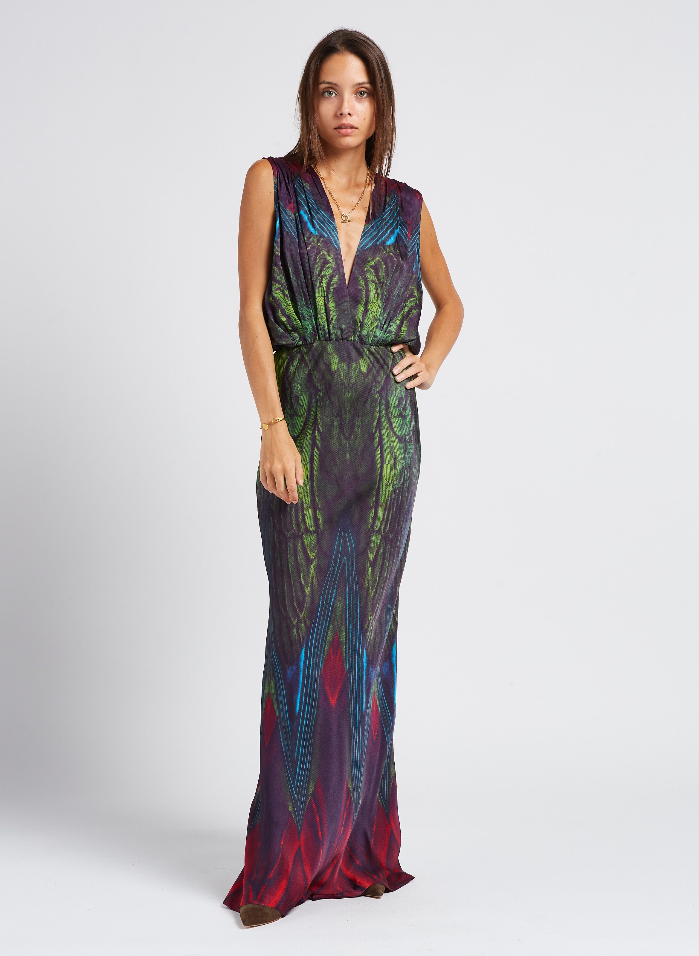 Robe longue col V en satin imprim Multicolore